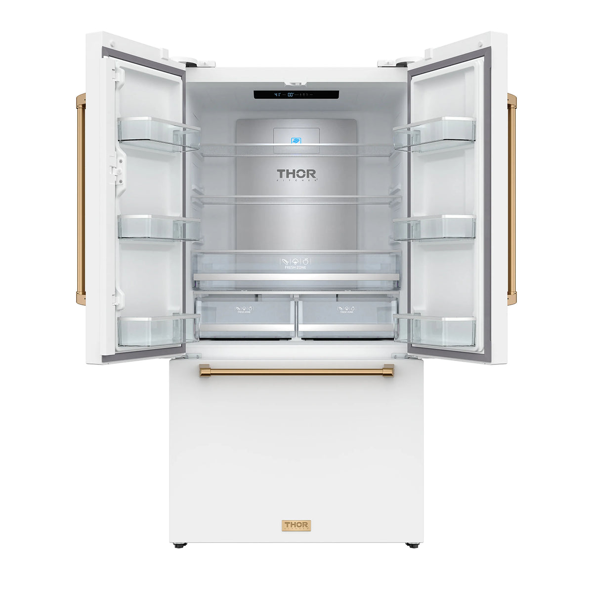 White French door refrigerator with ice maker, doors open, interior shelves visible