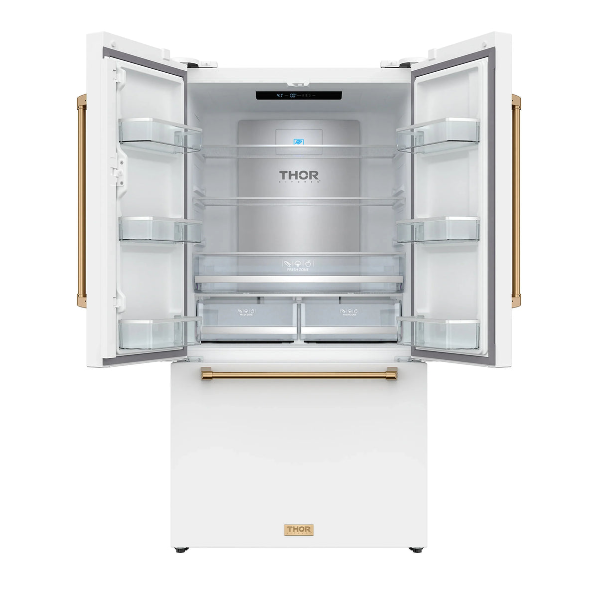 White French door refrigerator with ice maker, doors open, interior shelves visible