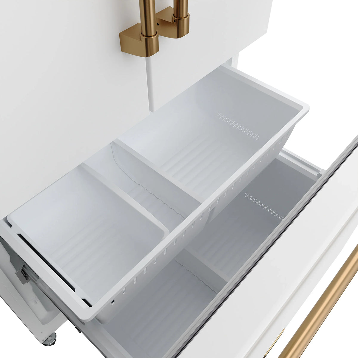 White French door counter-depth refrigerator with bronze handles, freezer drawer open