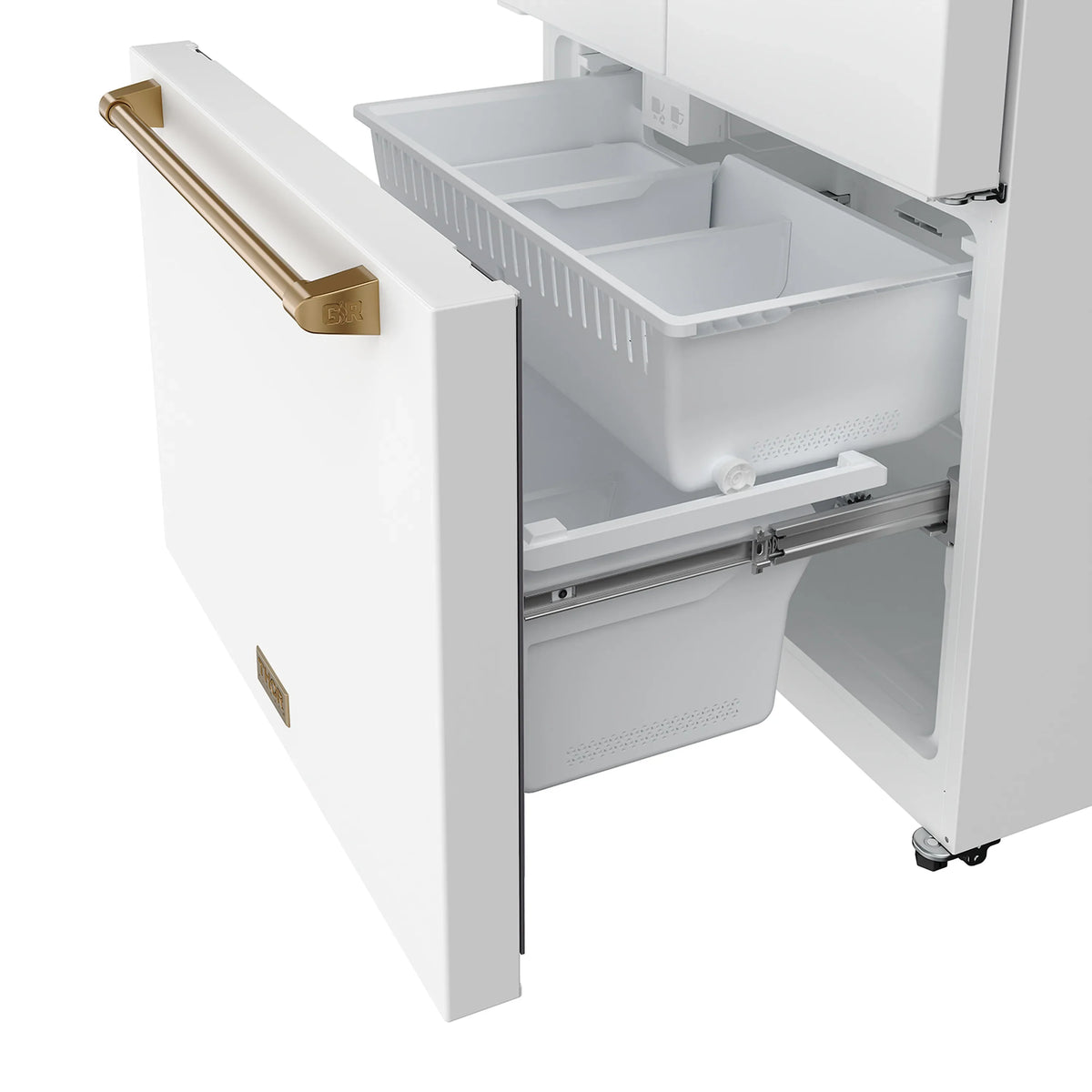 Counter-depth white French door refrigerator with bronze handle, open freezer drawers