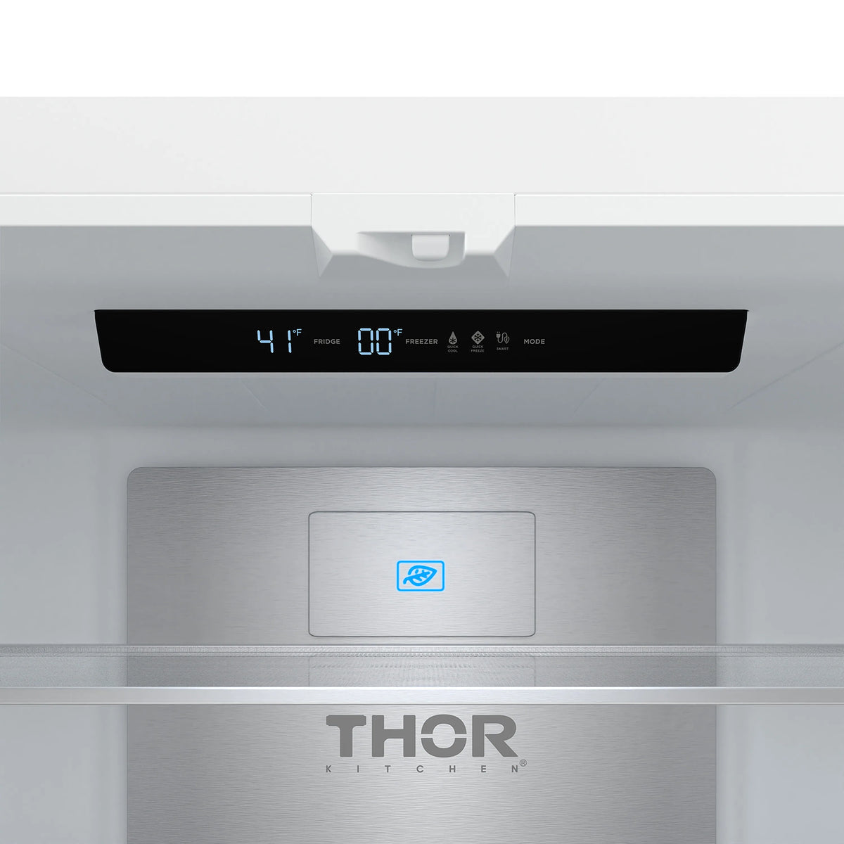 White counter-depth refrigerator front with black display and Thor Kitchen logo