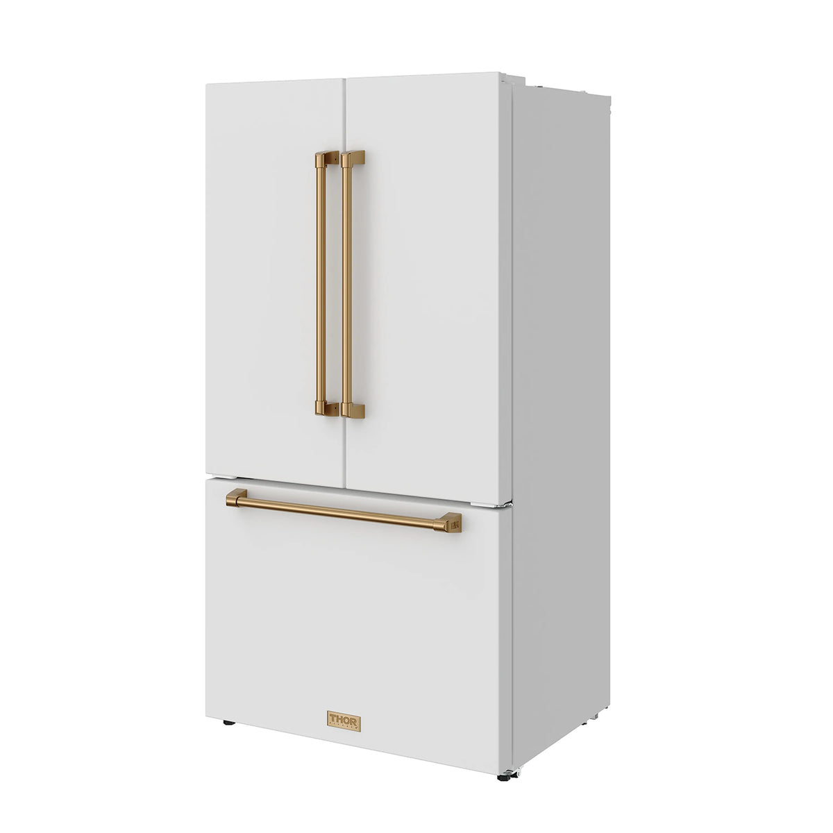 White French door refrigerator with bronze handles, side view