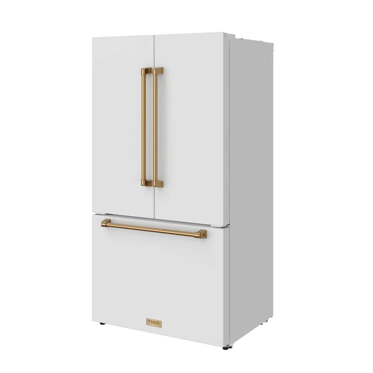 White French door refrigerator with bronze handles, side view