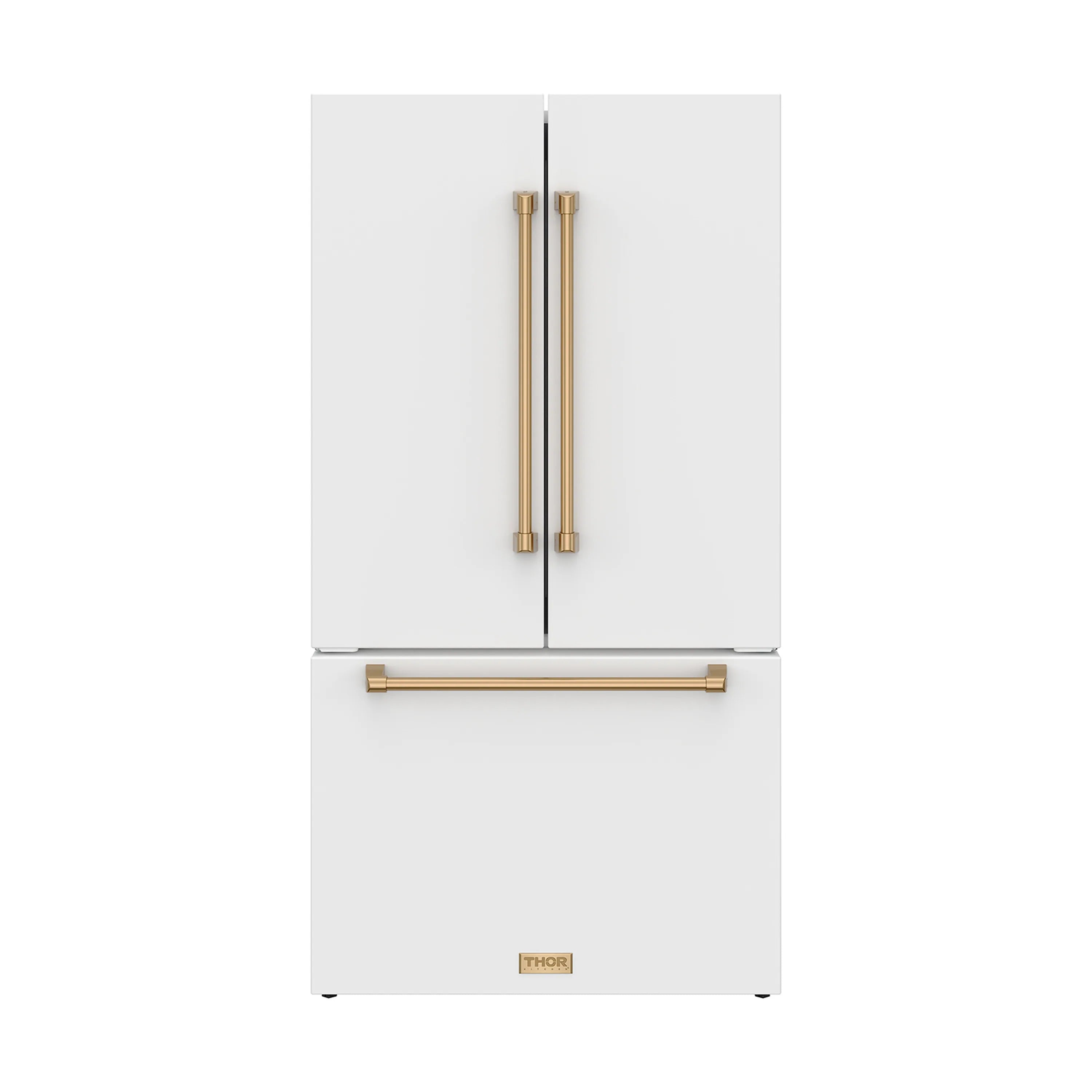 White French door refrigerator with vertical bronze handles and a bronze bottom bar