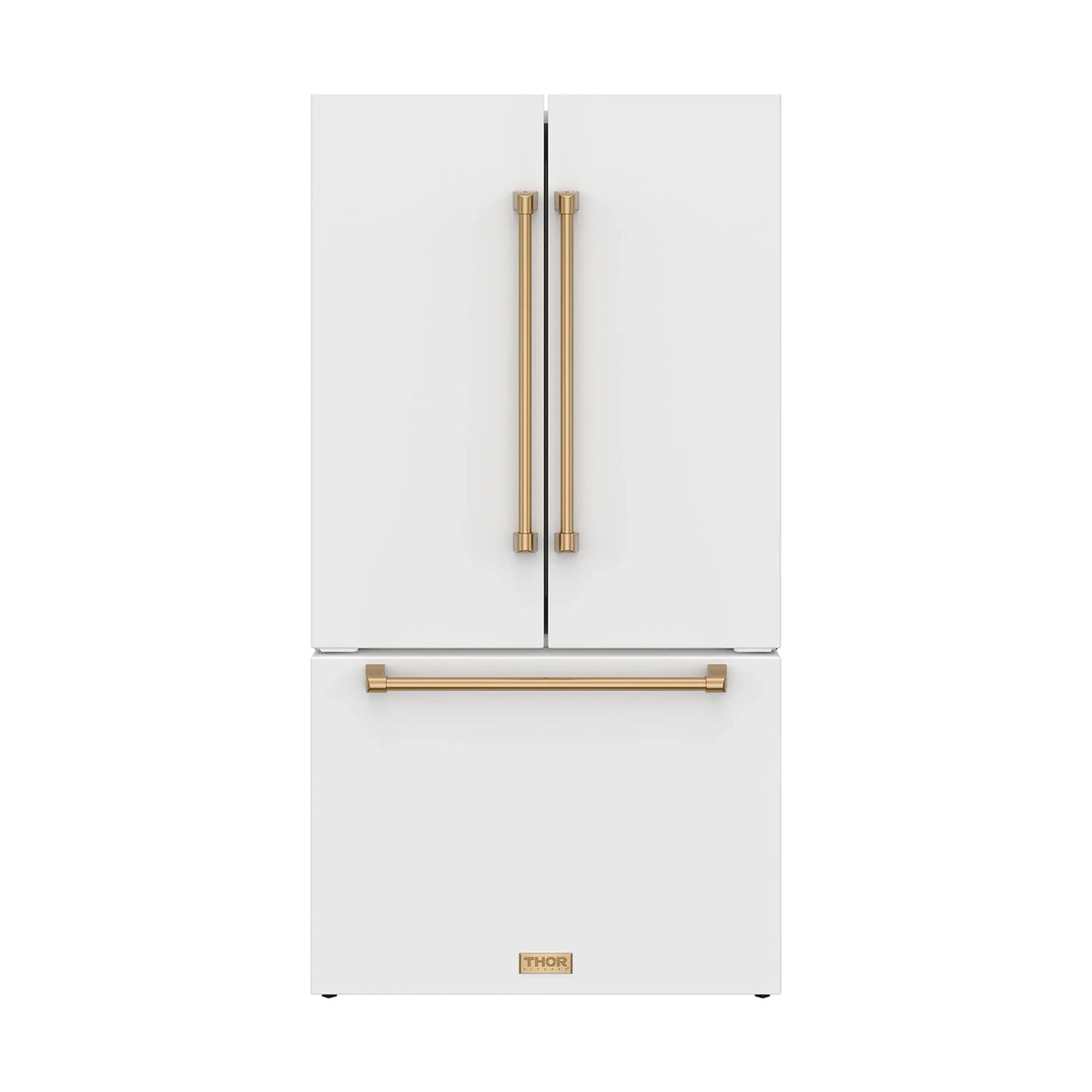 White French door refrigerator with vertical bronze handles and a bronze bottom bar