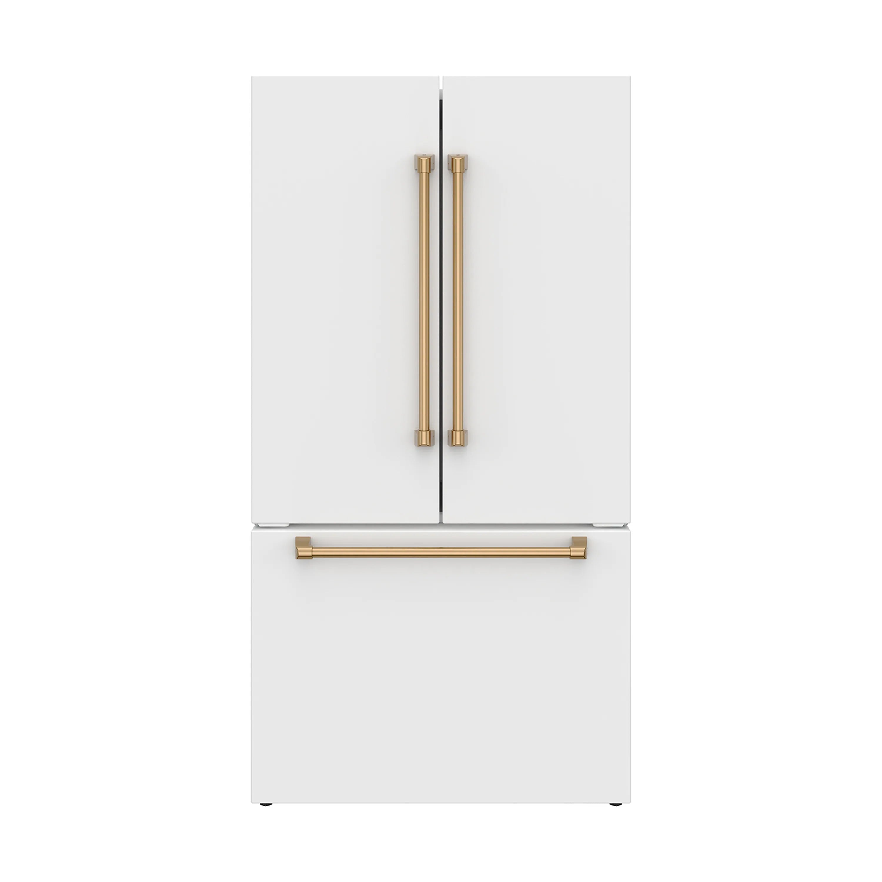White French door counter-depth refrigerator with bronze handles and front trim