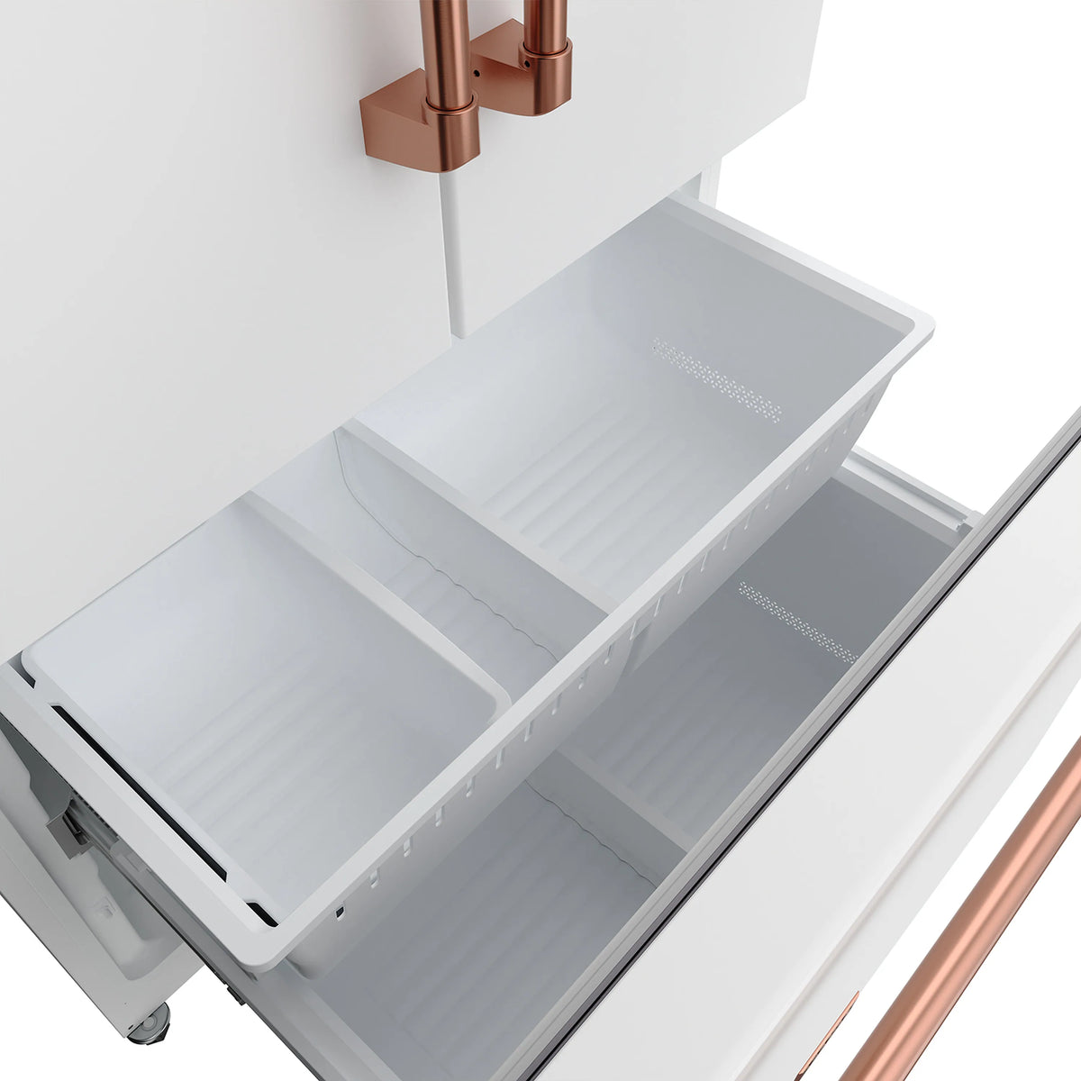 Open refrigerator drawer section with white interior and rose gold hinge hardware.