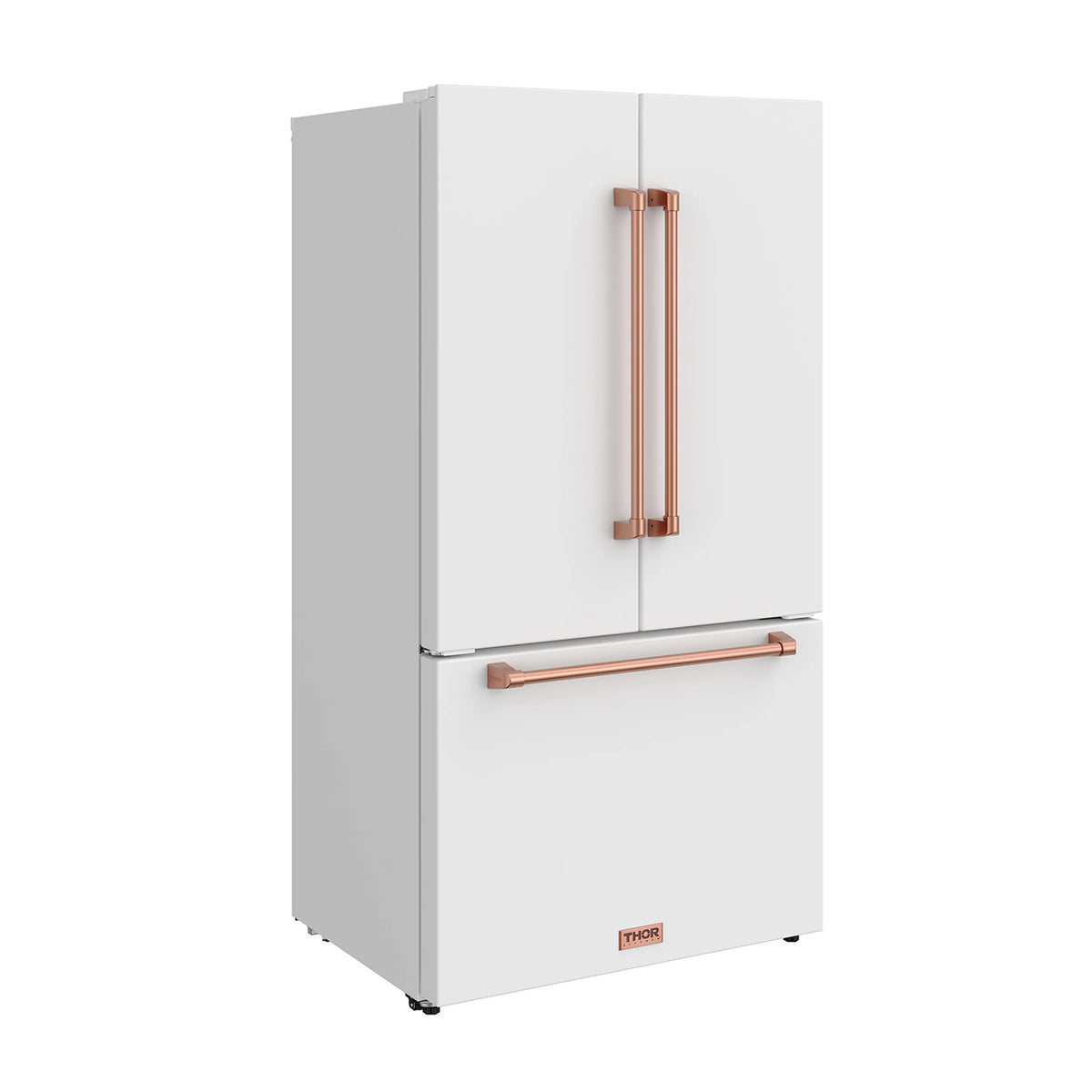 White French door refrigerator side view with rose gold vertical handles and bottom drawer bar.