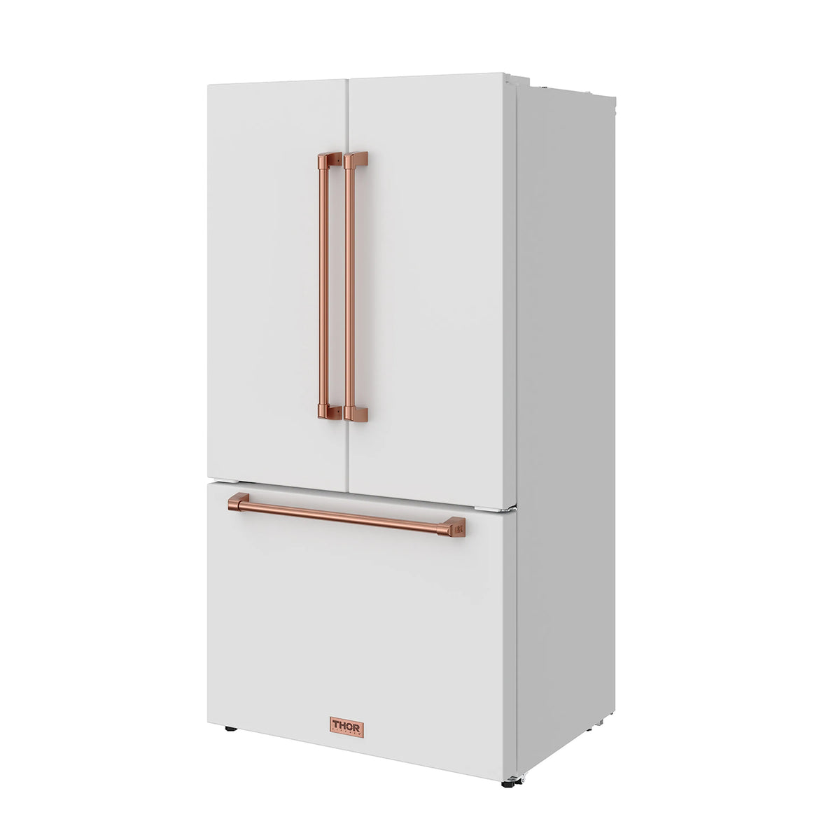White French door refrigerator front three-quarter view with rose gold handles and dispenser bar.