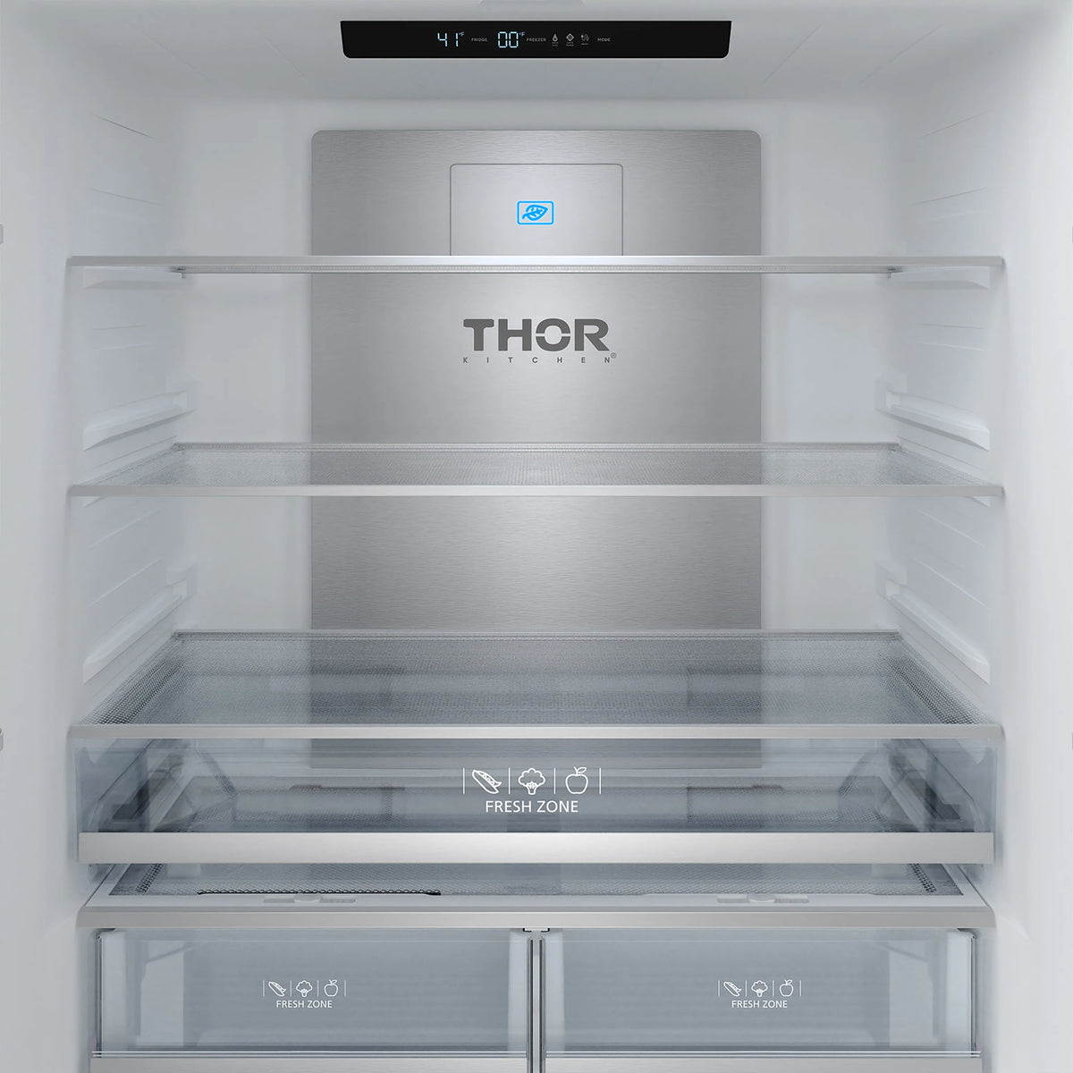 French door refrigerator interior with THOR logo, shelves and Fresh Zone drawer