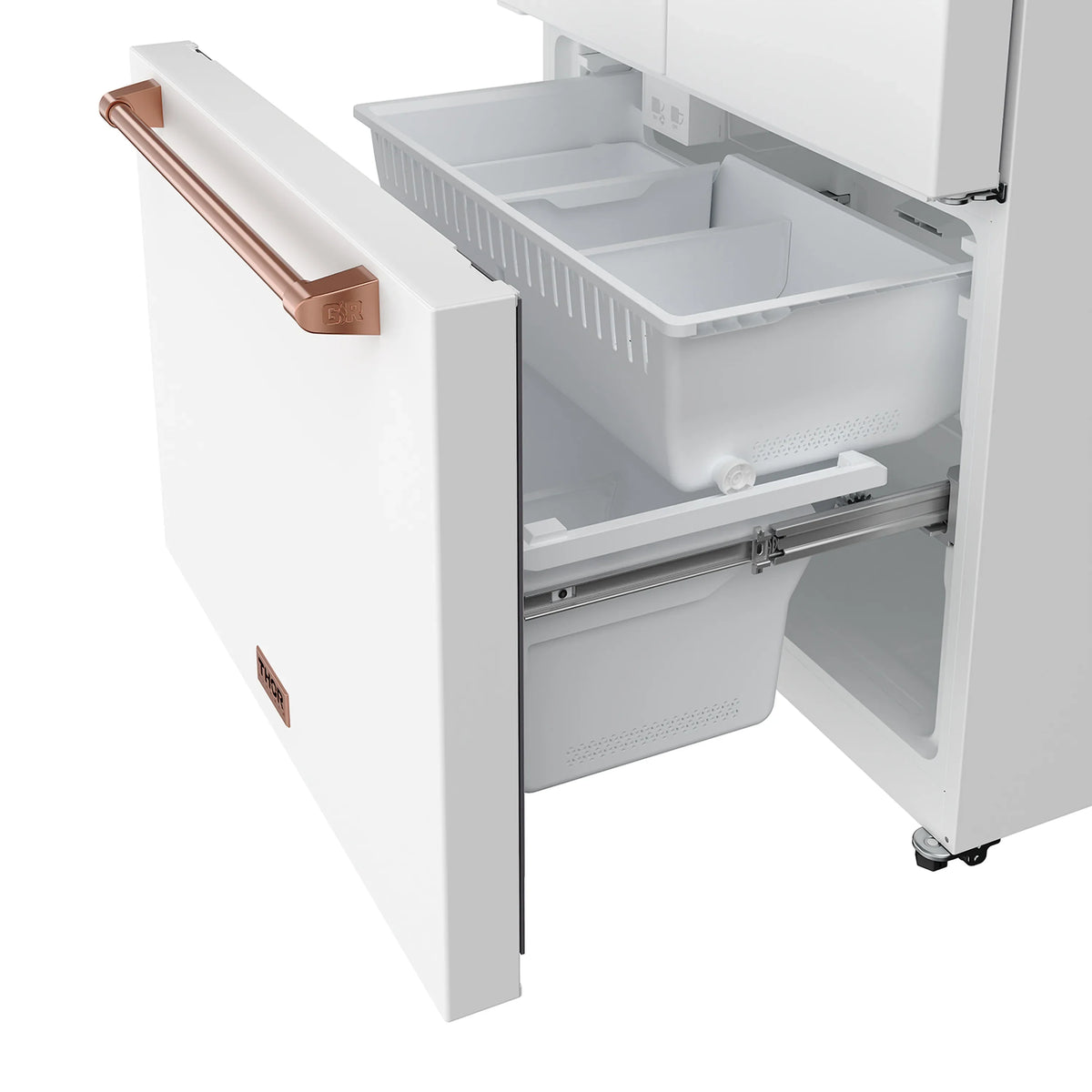 Counter-depth French door refrigerator, white interior, rose-gold handle, open door bins