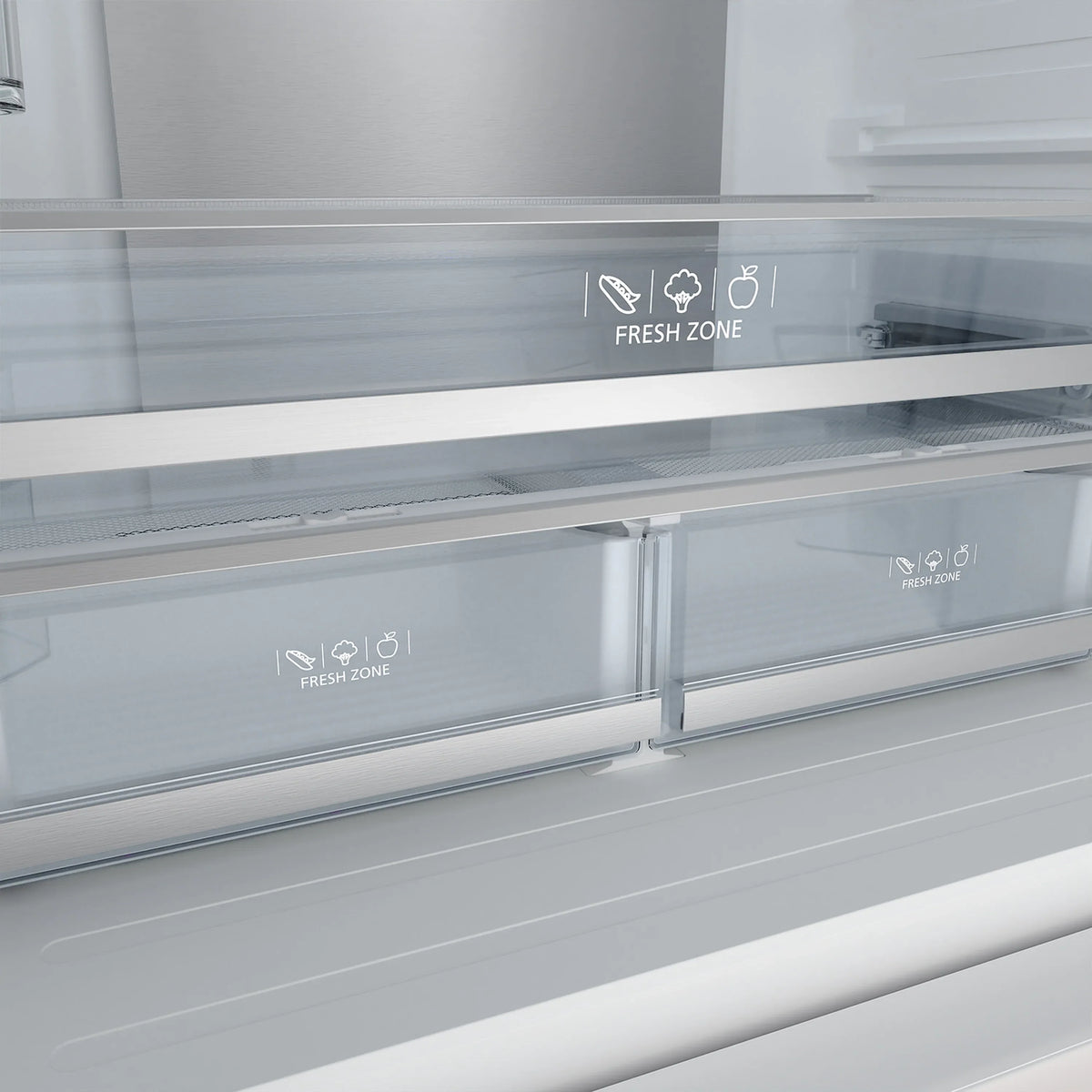 Close-up of white refrigerator Fresh Zone controls on glass interior panel.