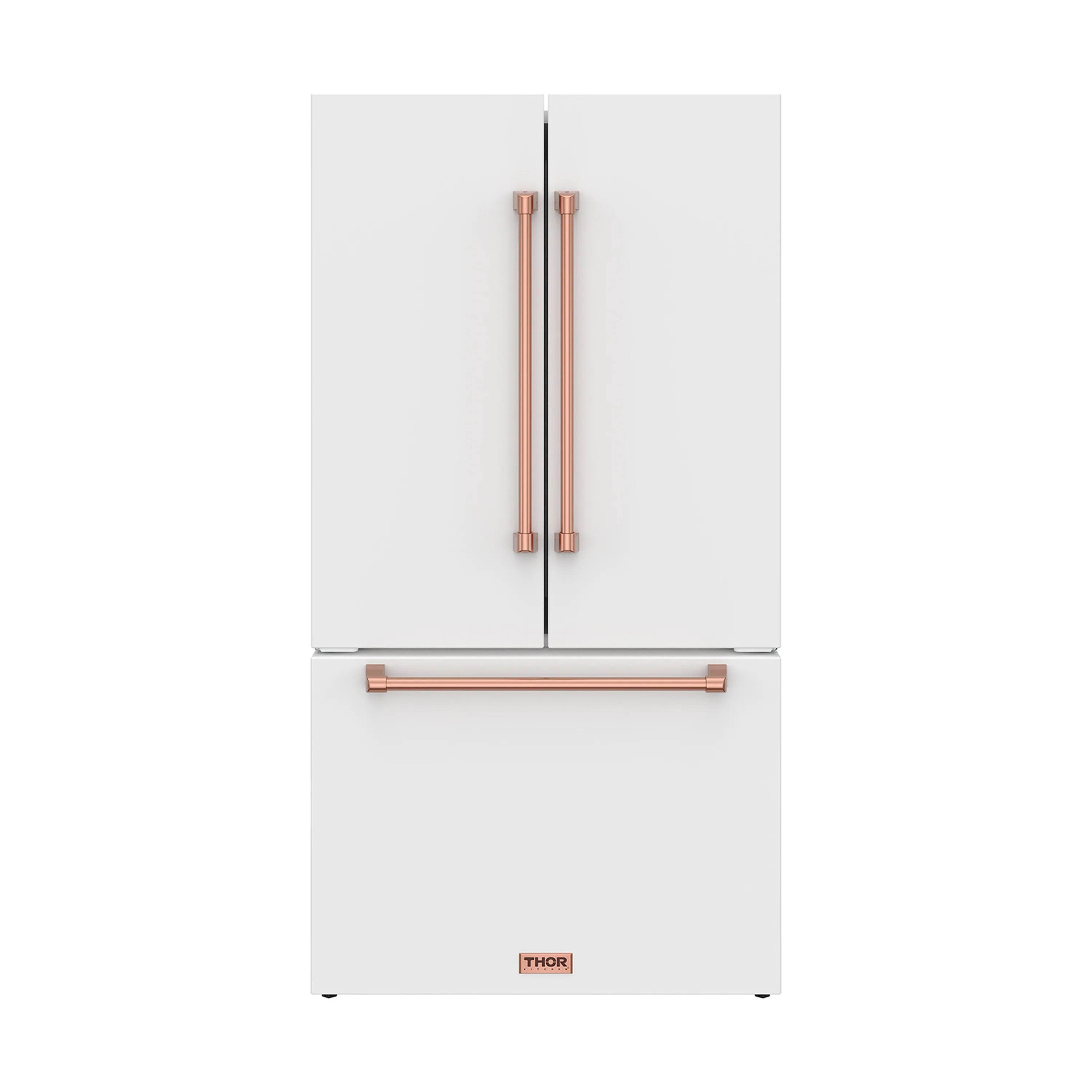White French door counter-depth refrigerator with rose gold handles and dispenser bar.