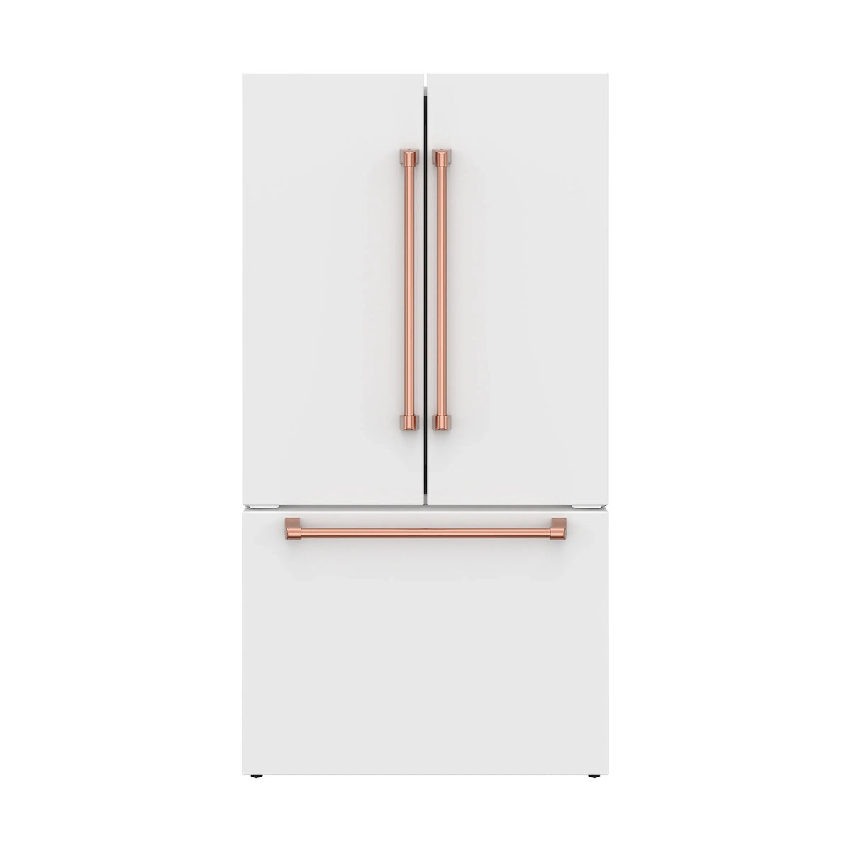 White French door counter-depth refrigerator with rose gold vertical handles and bottom bar.