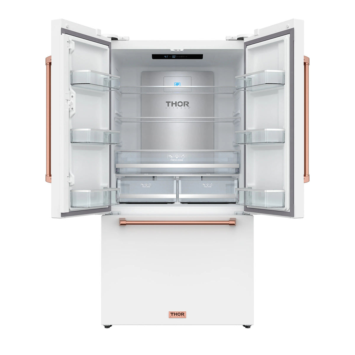 Open white French door refrigerator showing interior shelves and rose gold bottom handle bar.