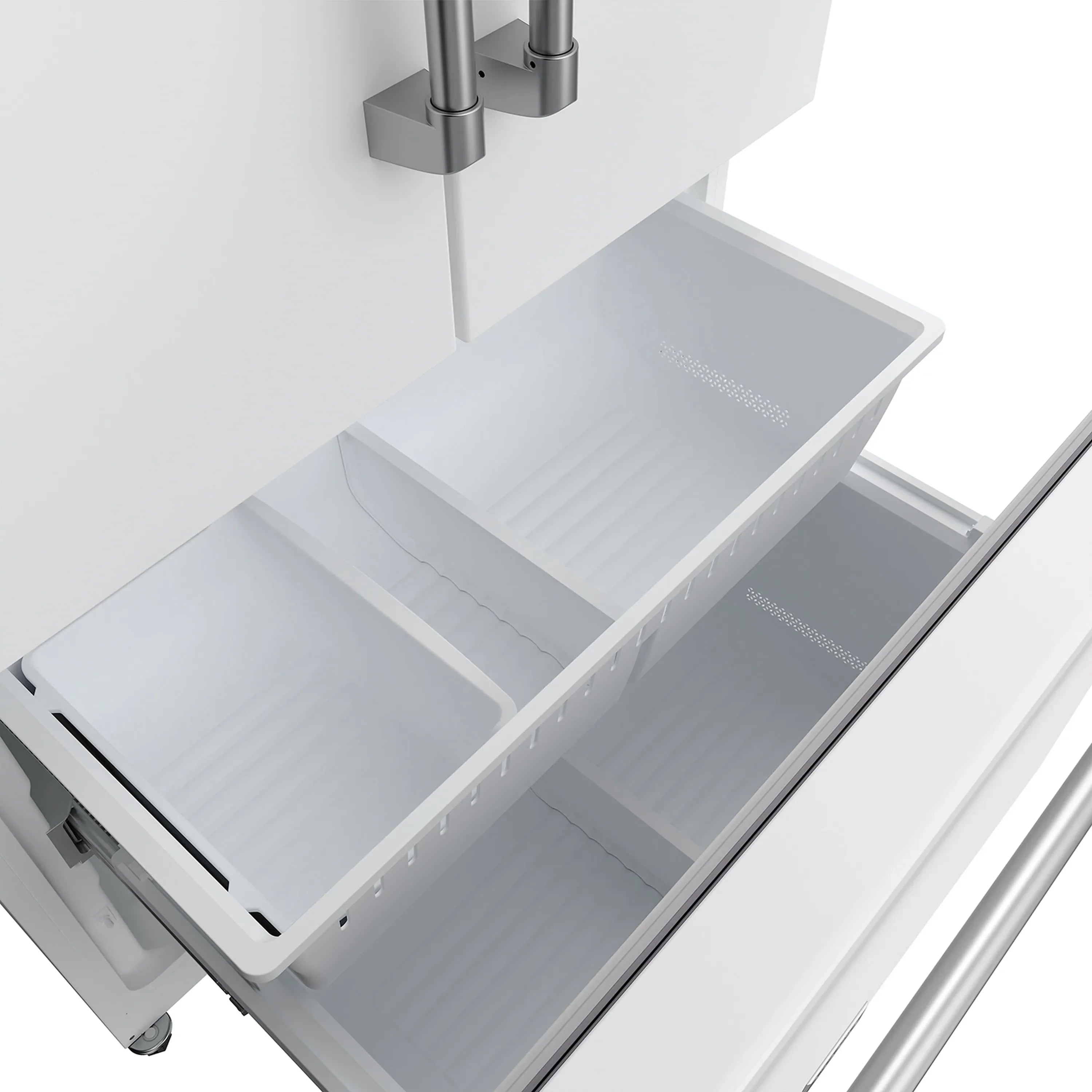 Open bottom freezer drawer with wire shelves and side rails