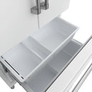 White French door refrigerator interior with open door, shelves, and bins