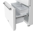 White refrigerator interior with glass shelves and covered crisper drawer