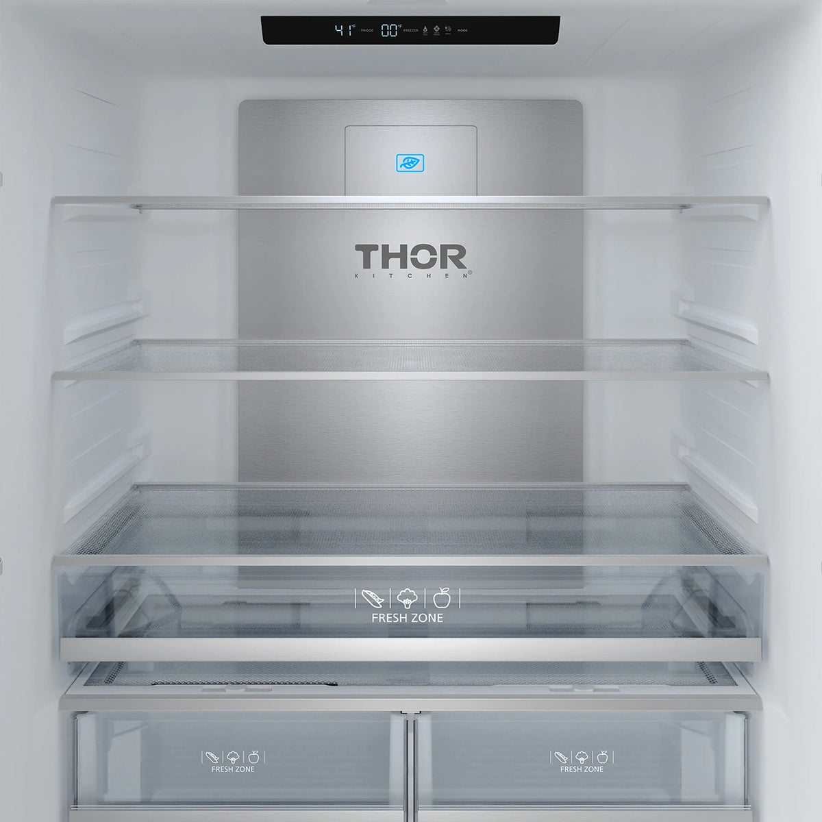 White refrigerator interior with glass shelves, Fresh Zone tray, and THOR Kitchen branding