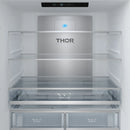 Open freezer and fresh zone compartments with labeled drawers and interior shelves
