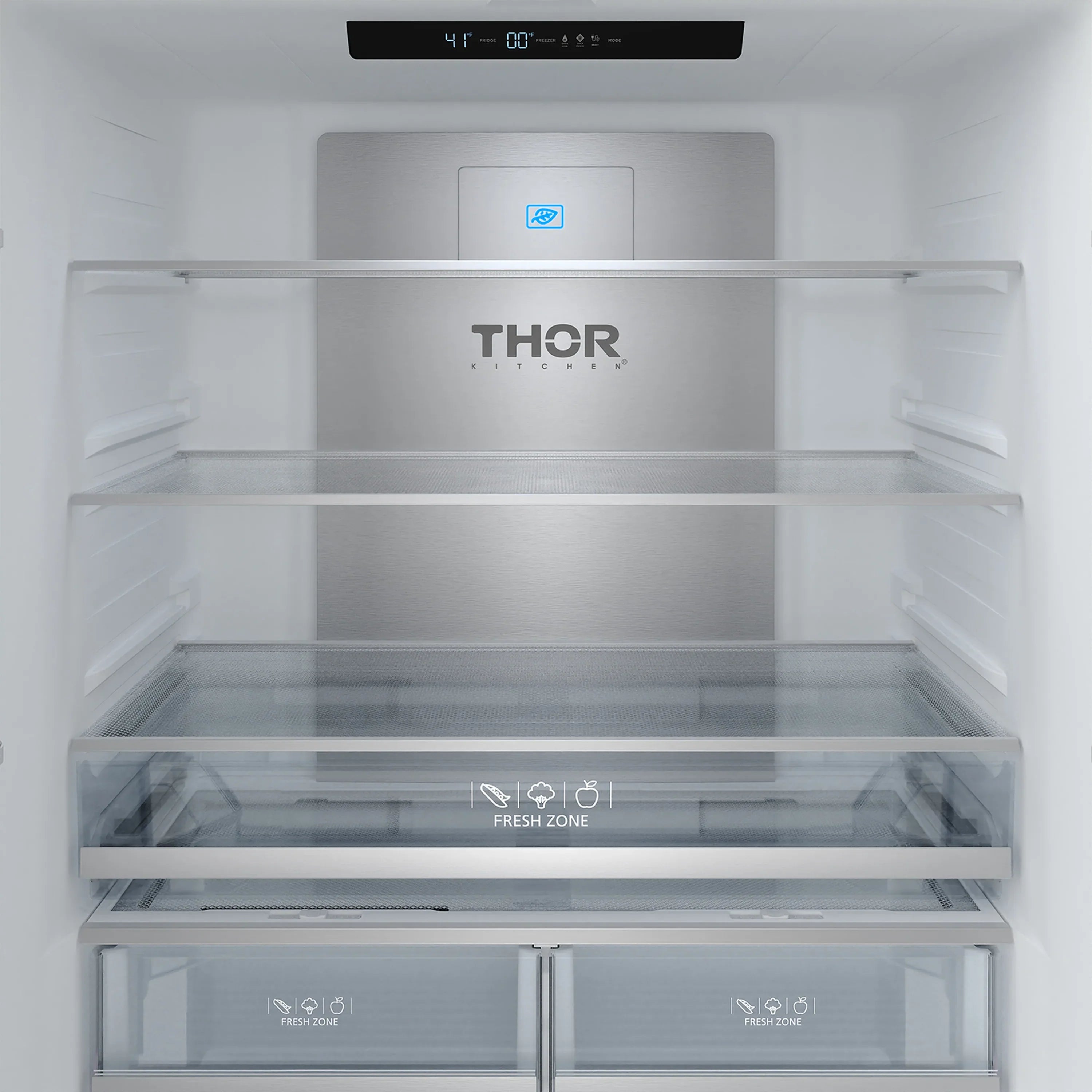 Open refrigerator interior with Fresh Zone controls and clear glass shelf