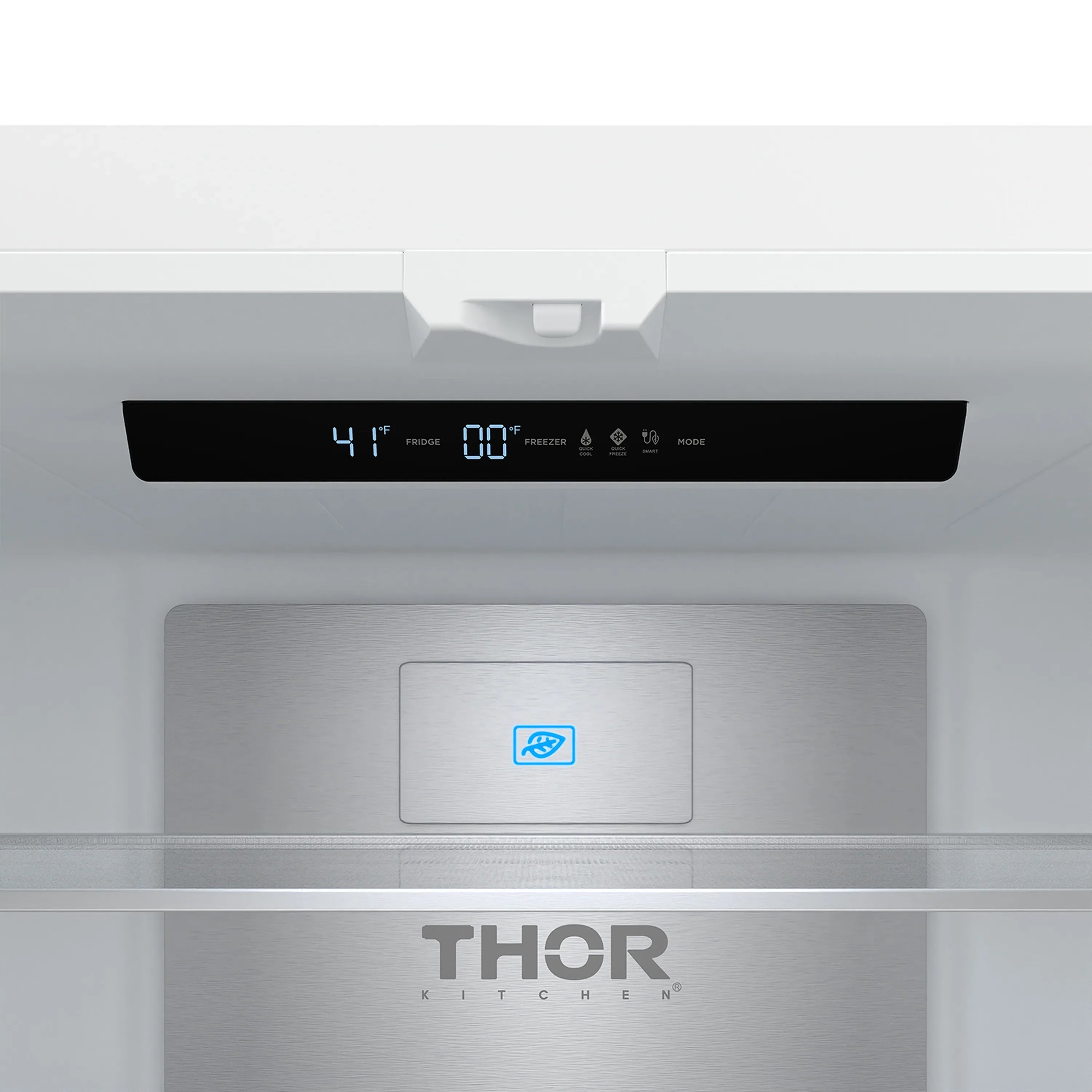 Refrigerator interior with drawer and THOR logo