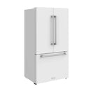 White French door refrigerator side view with vertical handles and lower drawer