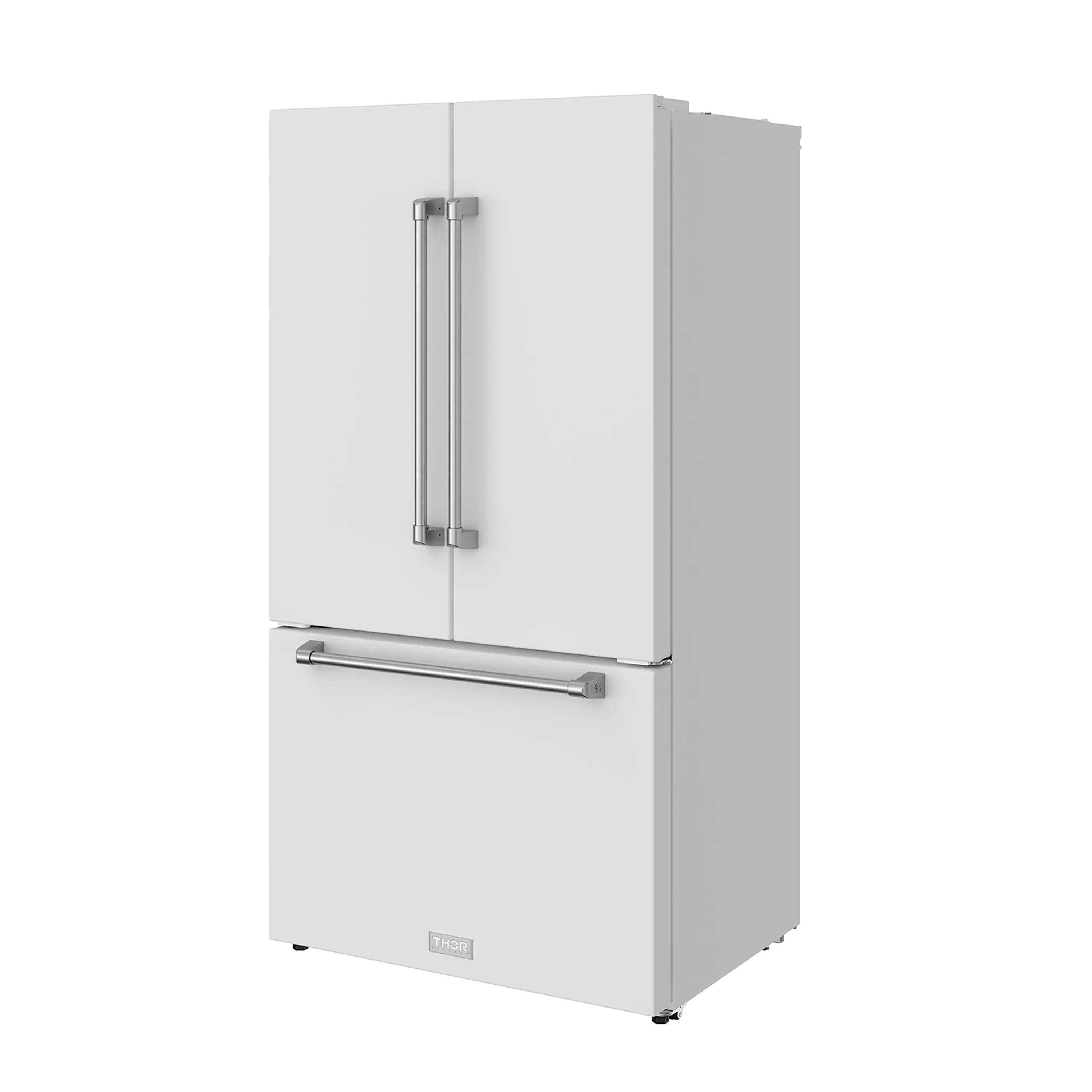 White French-door refrigerator angled view with vertical door handles and bottom drawer