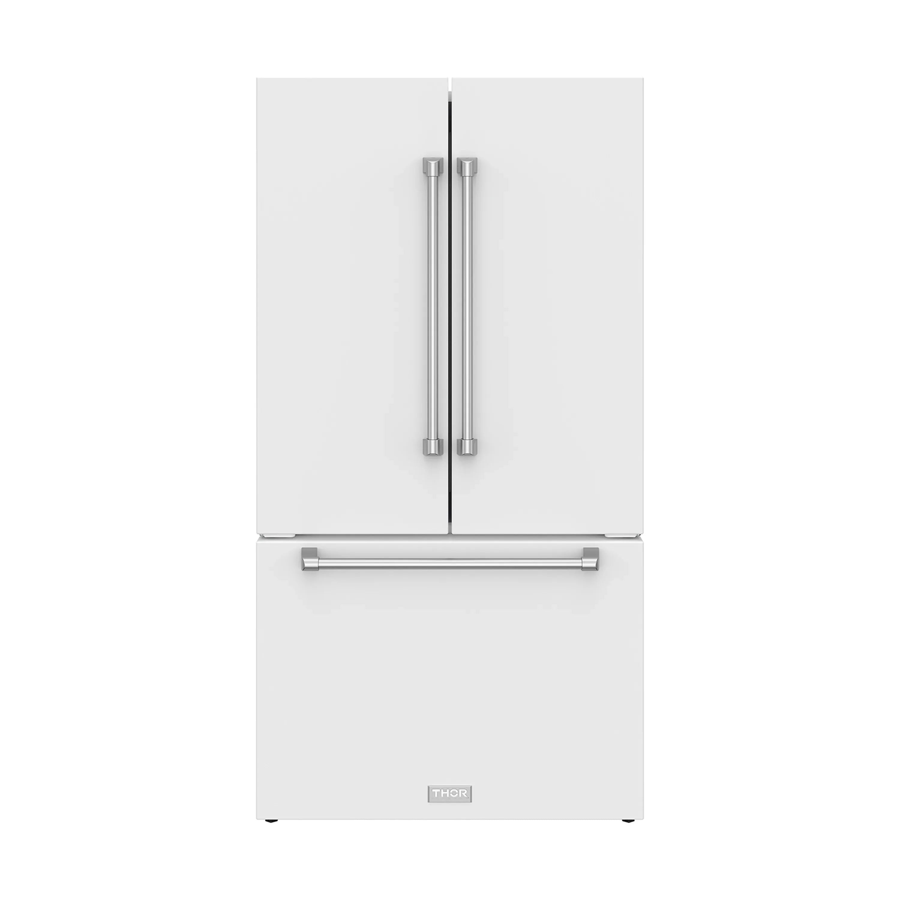 White French door refrigerator with center handle bar and top freezer doors
