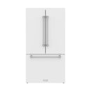 White two-door refrigerator with twin vertical handles and lower freezer drawer