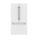 White French door refrigerator front with twin vertical handles and lower drawer