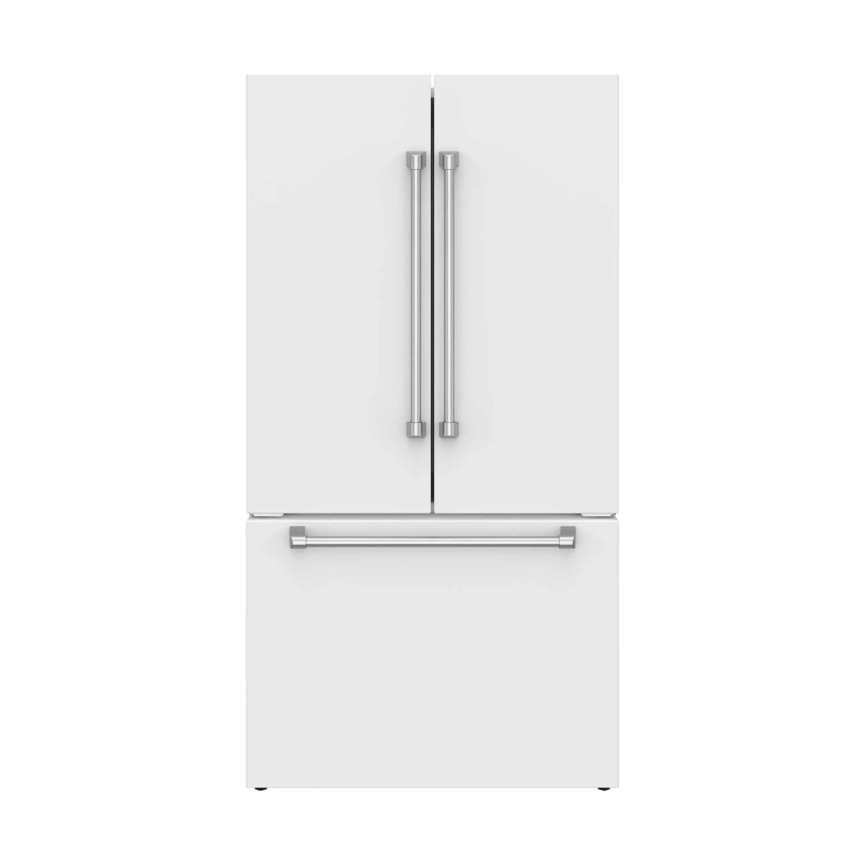 White French door refrigerator front view with center handle bar and bottom cabinet