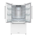 White counter-depth French door refrigerator with doors open and interior shelves