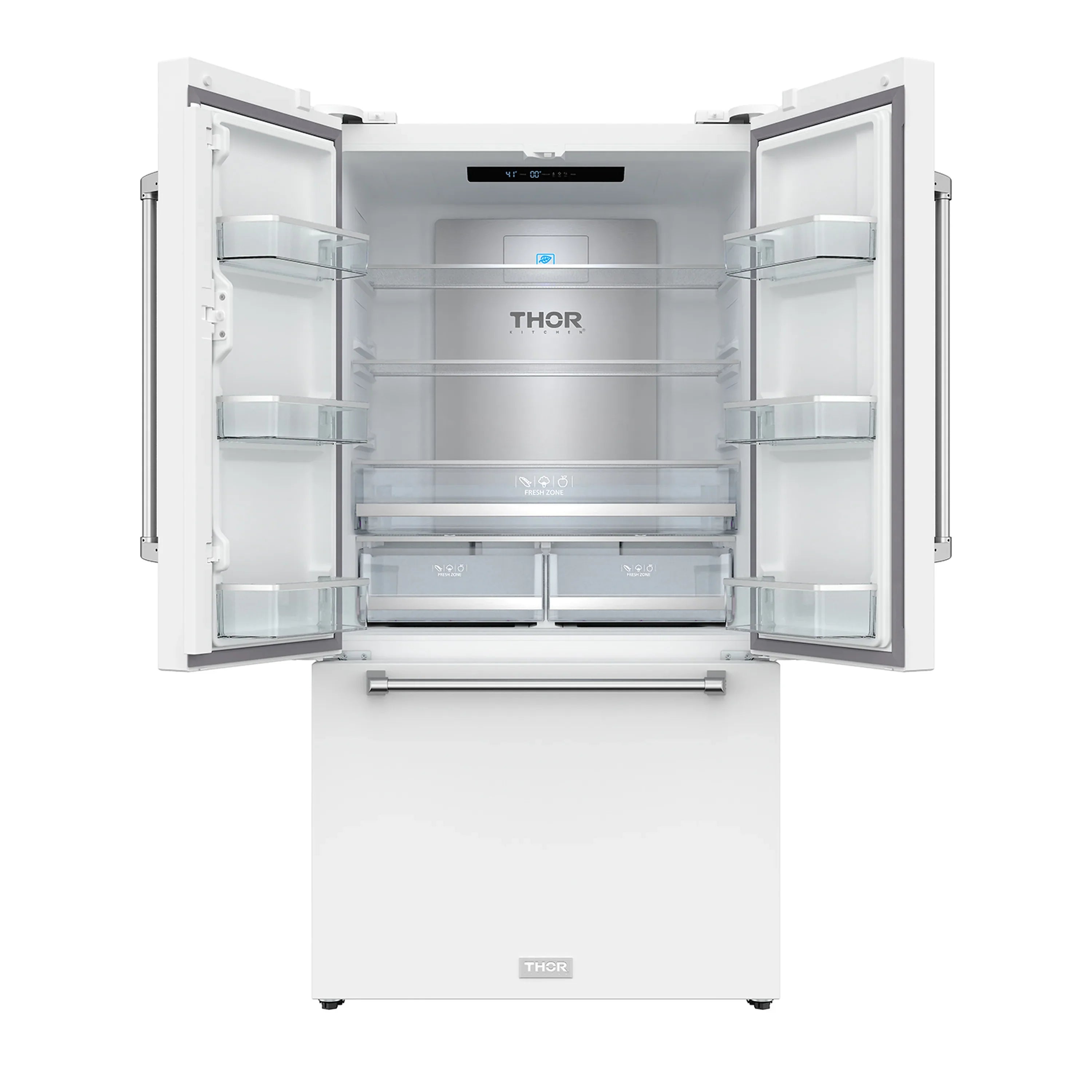 Refrigerator interior with glass shelves, crisper drawers, and LED controls