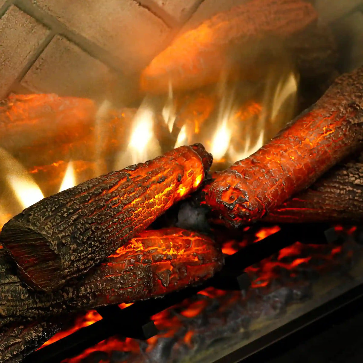 Electric firebox with glowing ember bed and realistic orange logs
