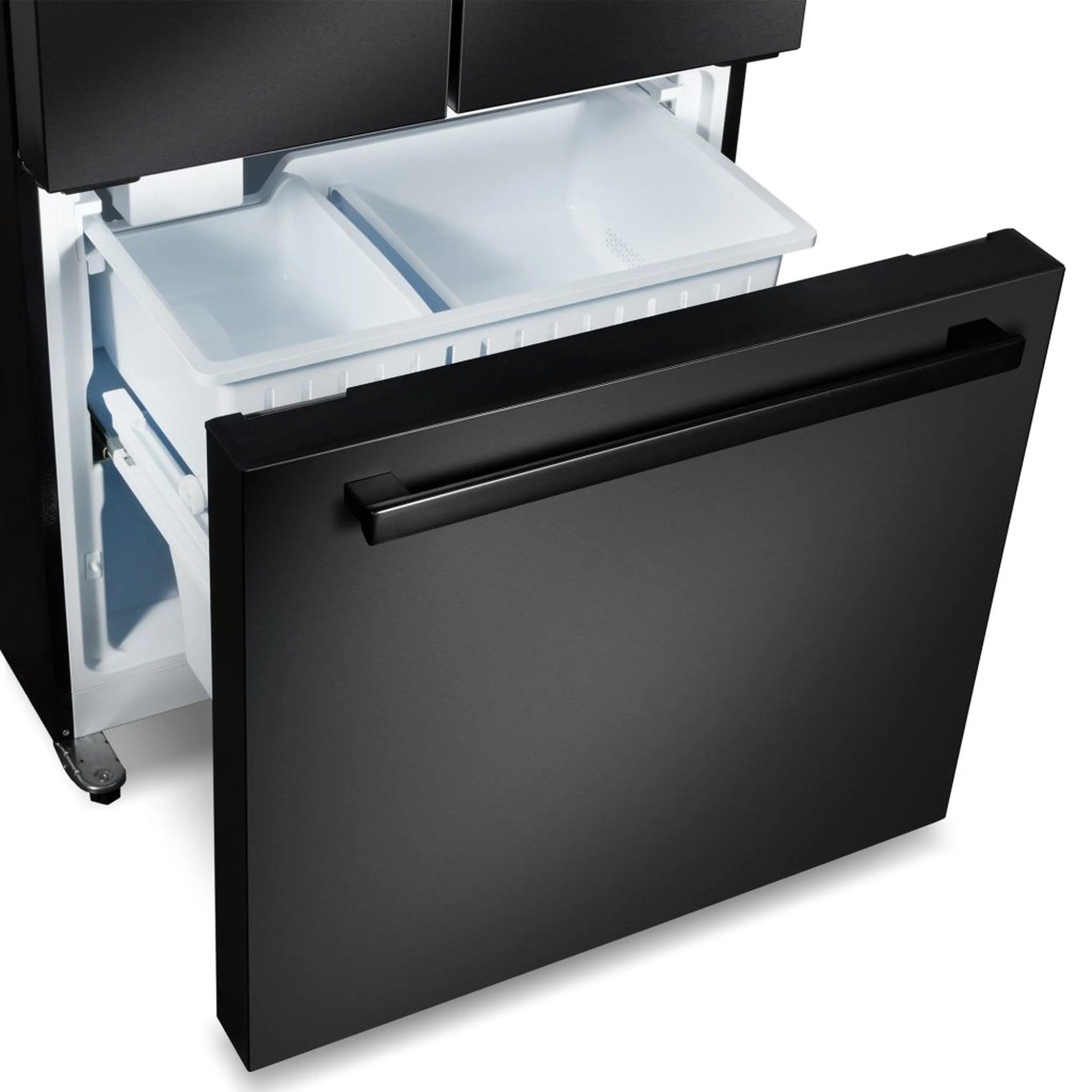 Matte black freezer drawer refrigerator door with interior bin and pull handle