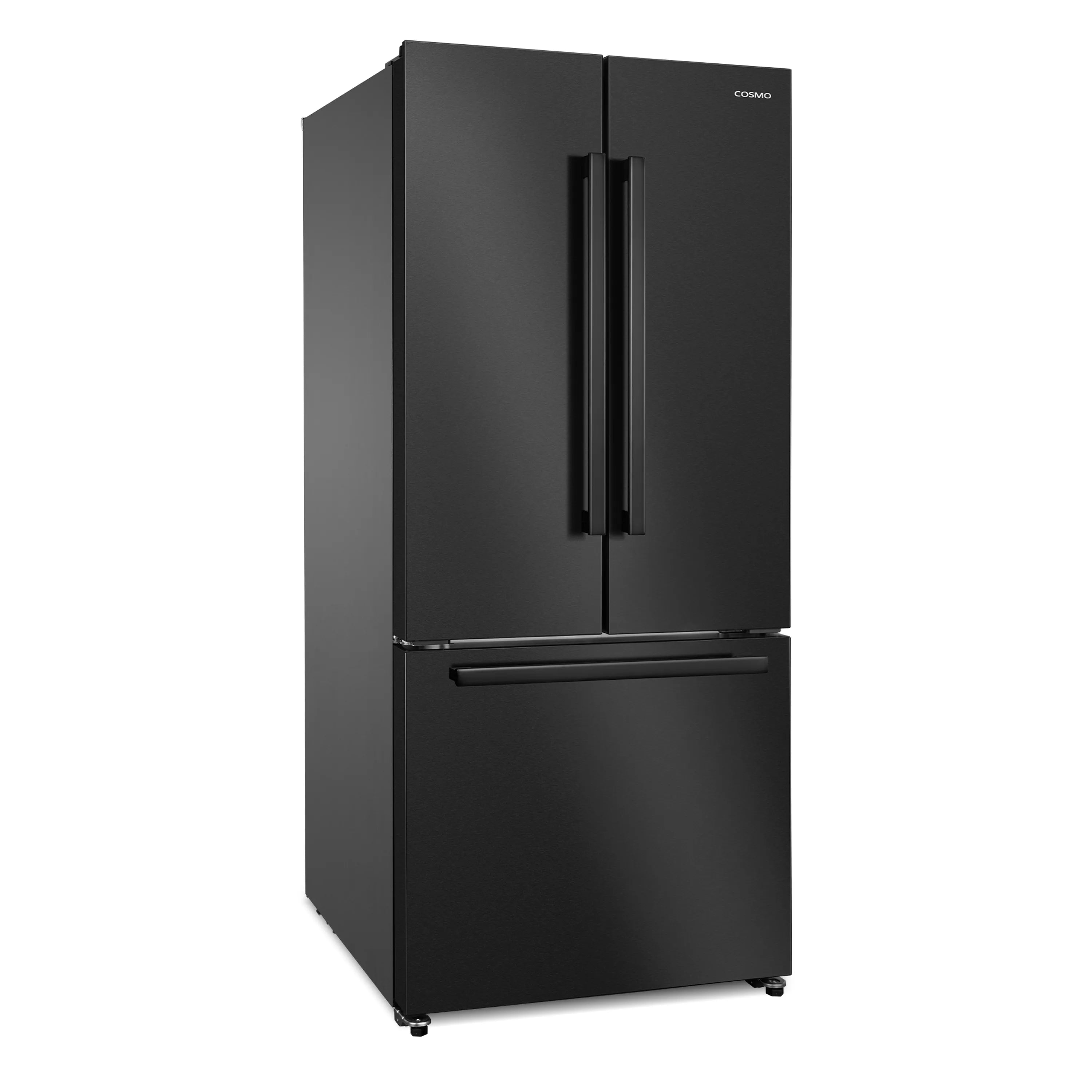 Matte black French door refrigerator with vertical handles and top-to-bottom doors