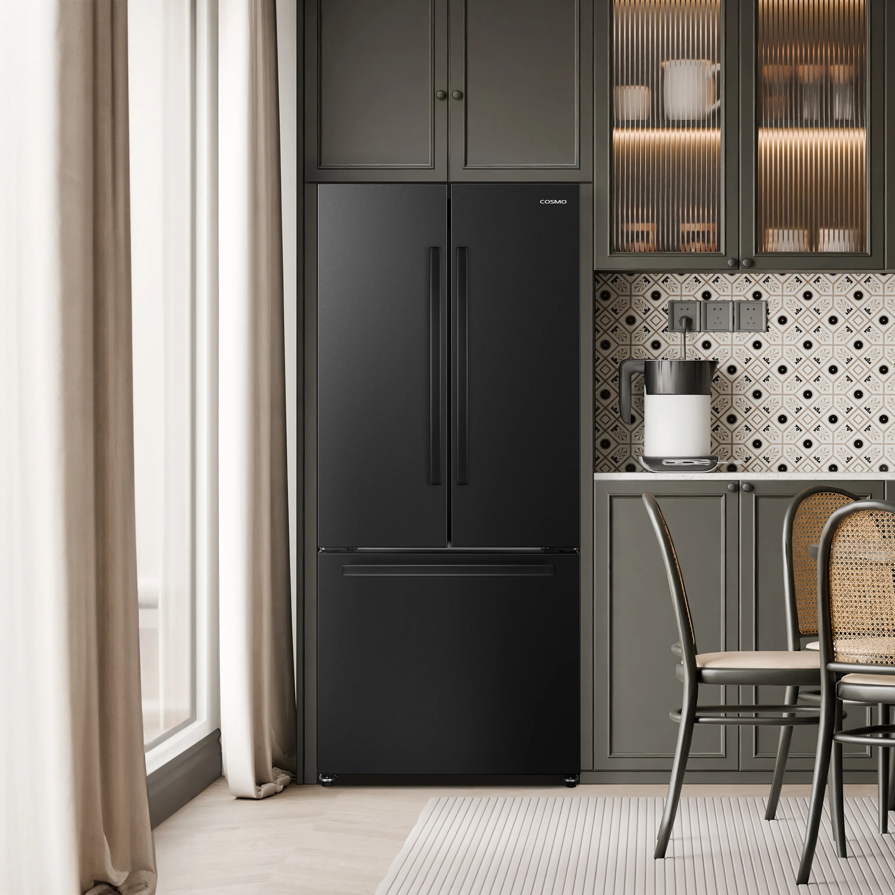 Matte black 30-inch refrigerator with French doors and vertical handles