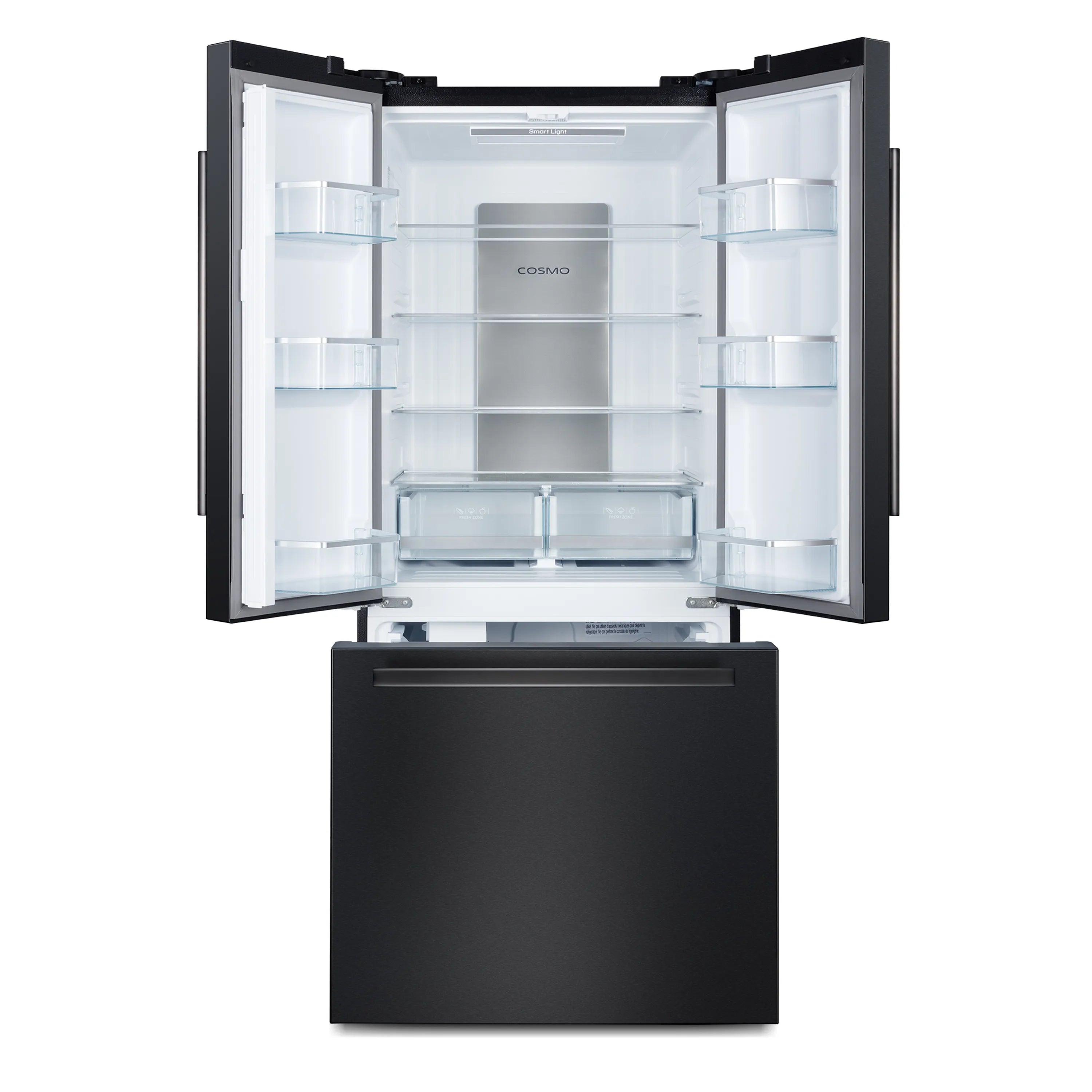 Matte black refrigerator with open doors showing white interior shelves and drawers