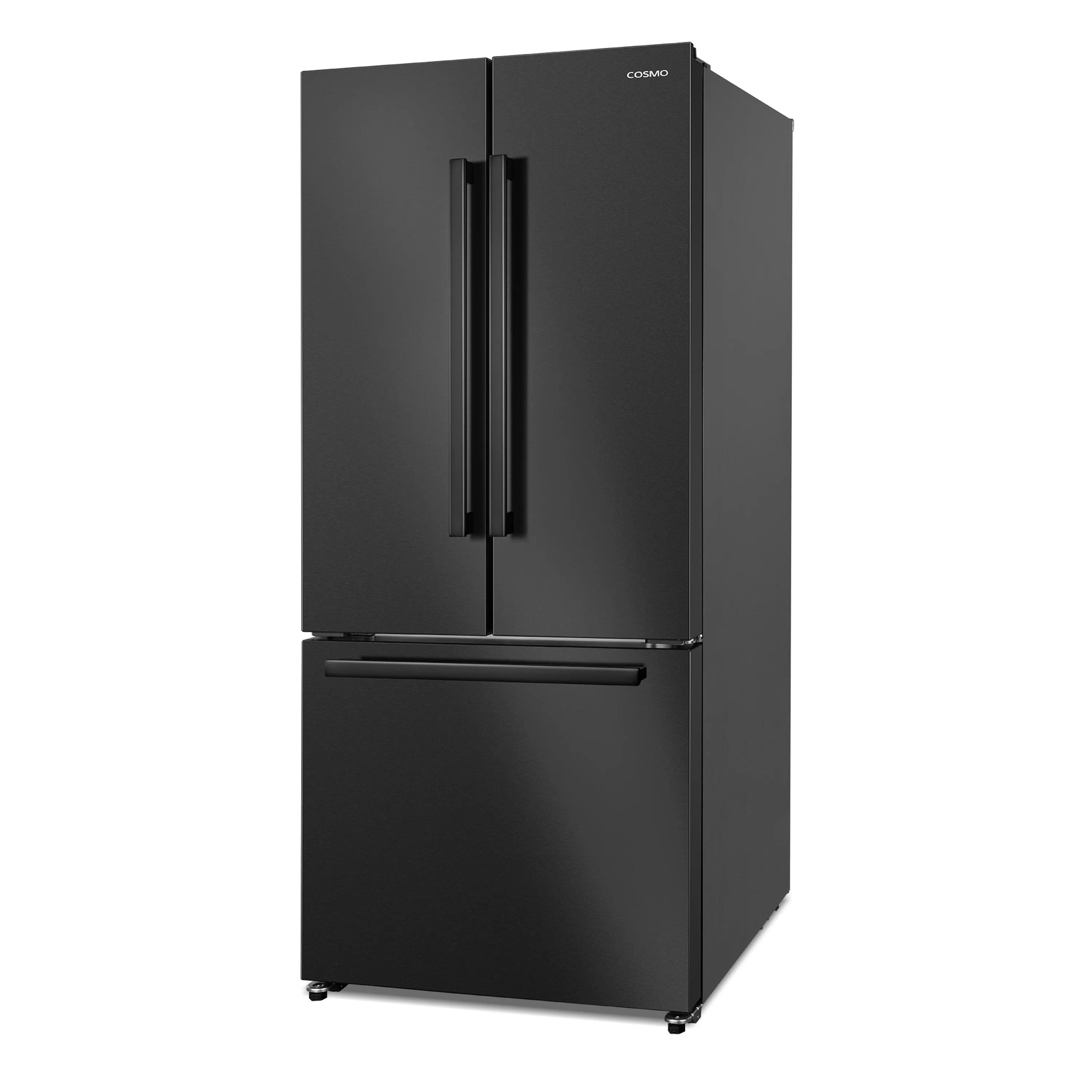 Matte black French door refrigerator with vertical handles and bottom freezer drawer