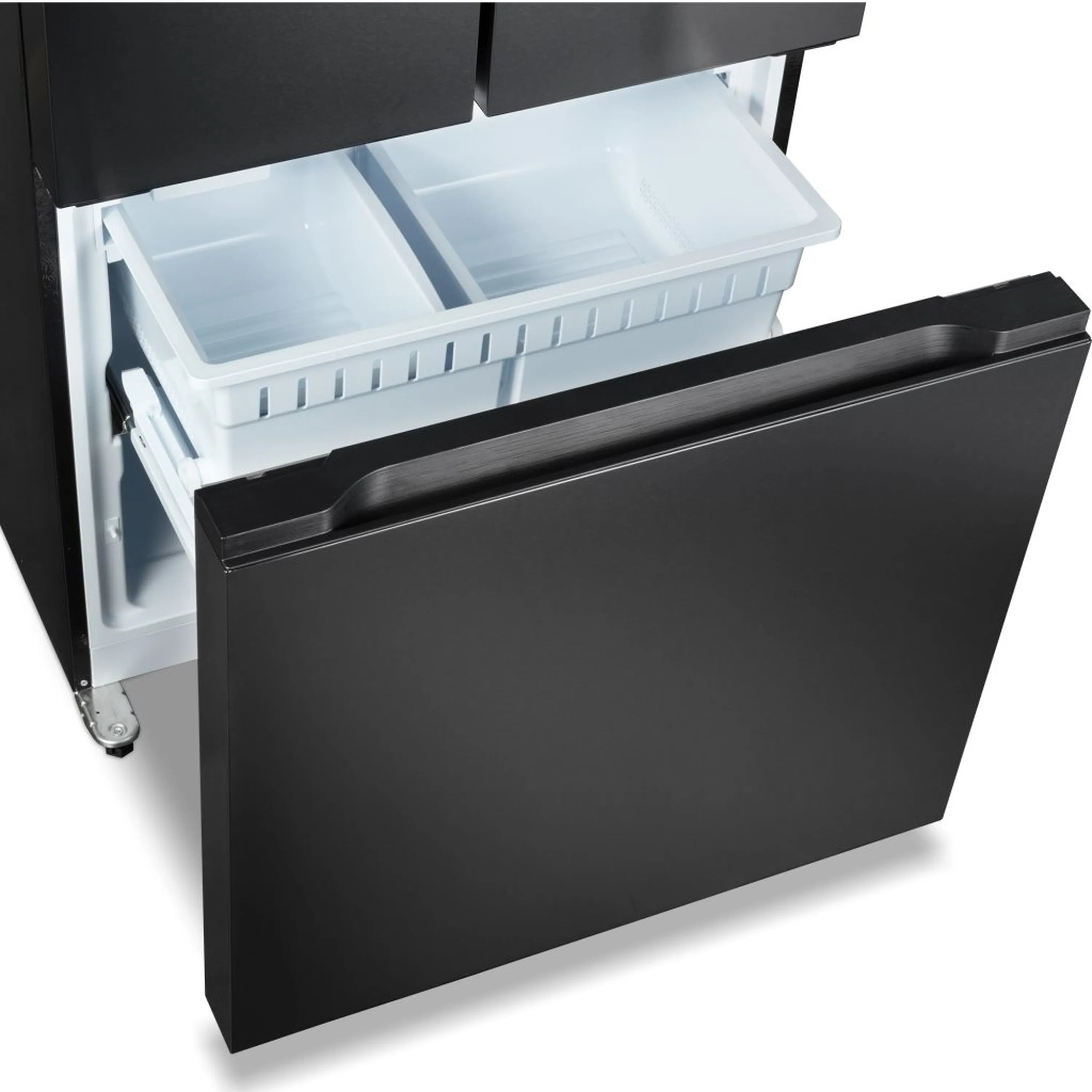 Cosmo 30-inch matte black refrigerator with open top compartment and clear bin