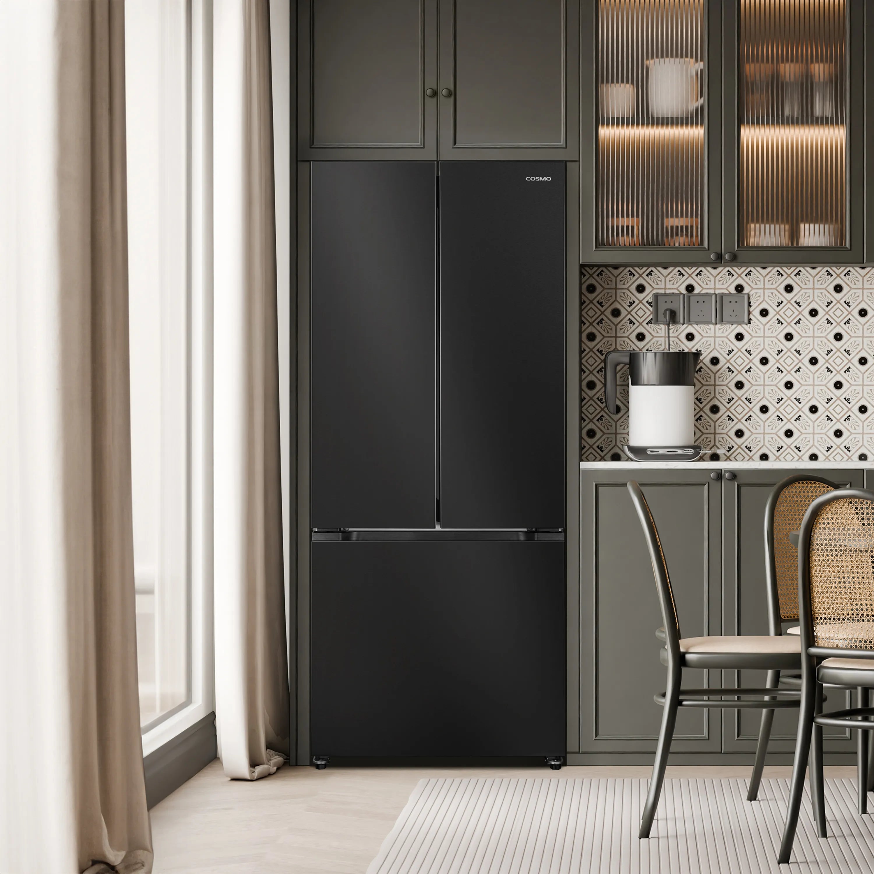 Cosmo 30-inch matte black refrigerator doors, closed