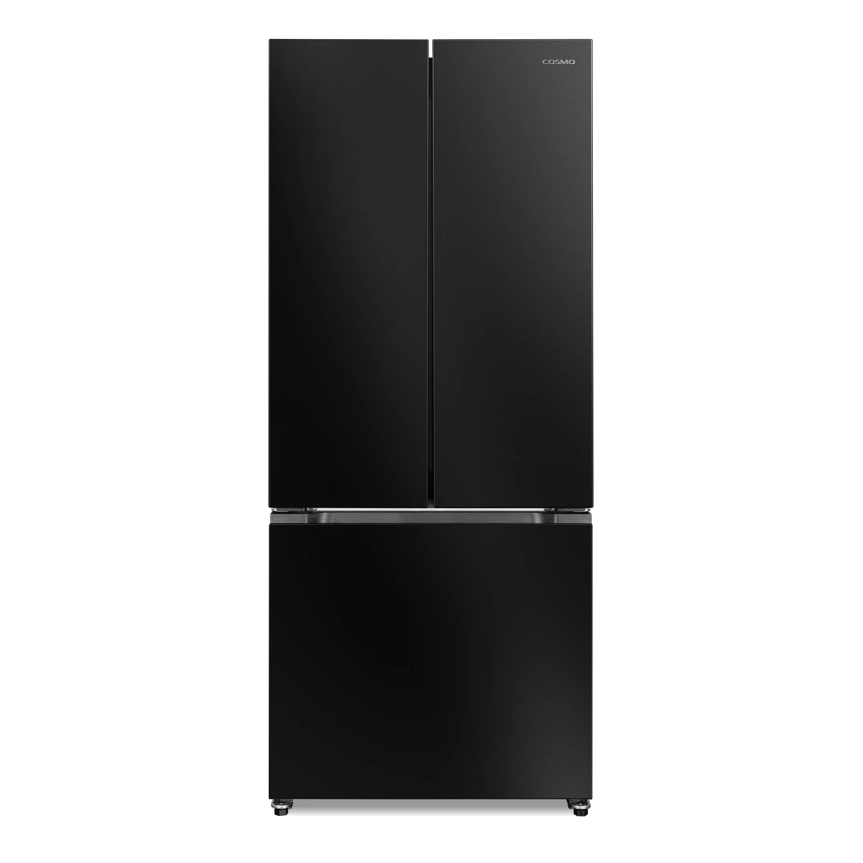 Cosmo 30-inch matte black refrigerator, front view with two closed doors