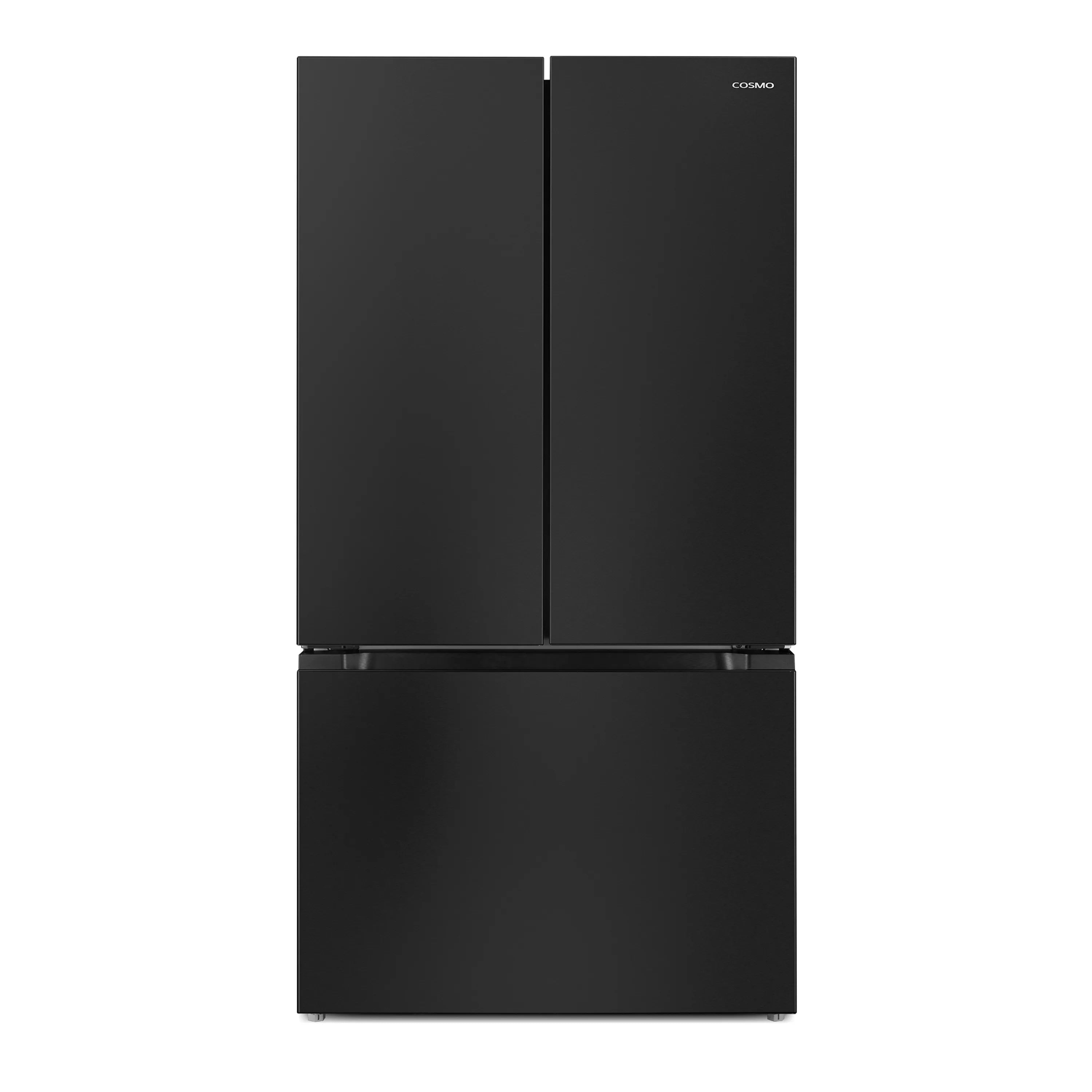 Matte black two-door refrigerator with top freezer and bottom fresh-food compartment.