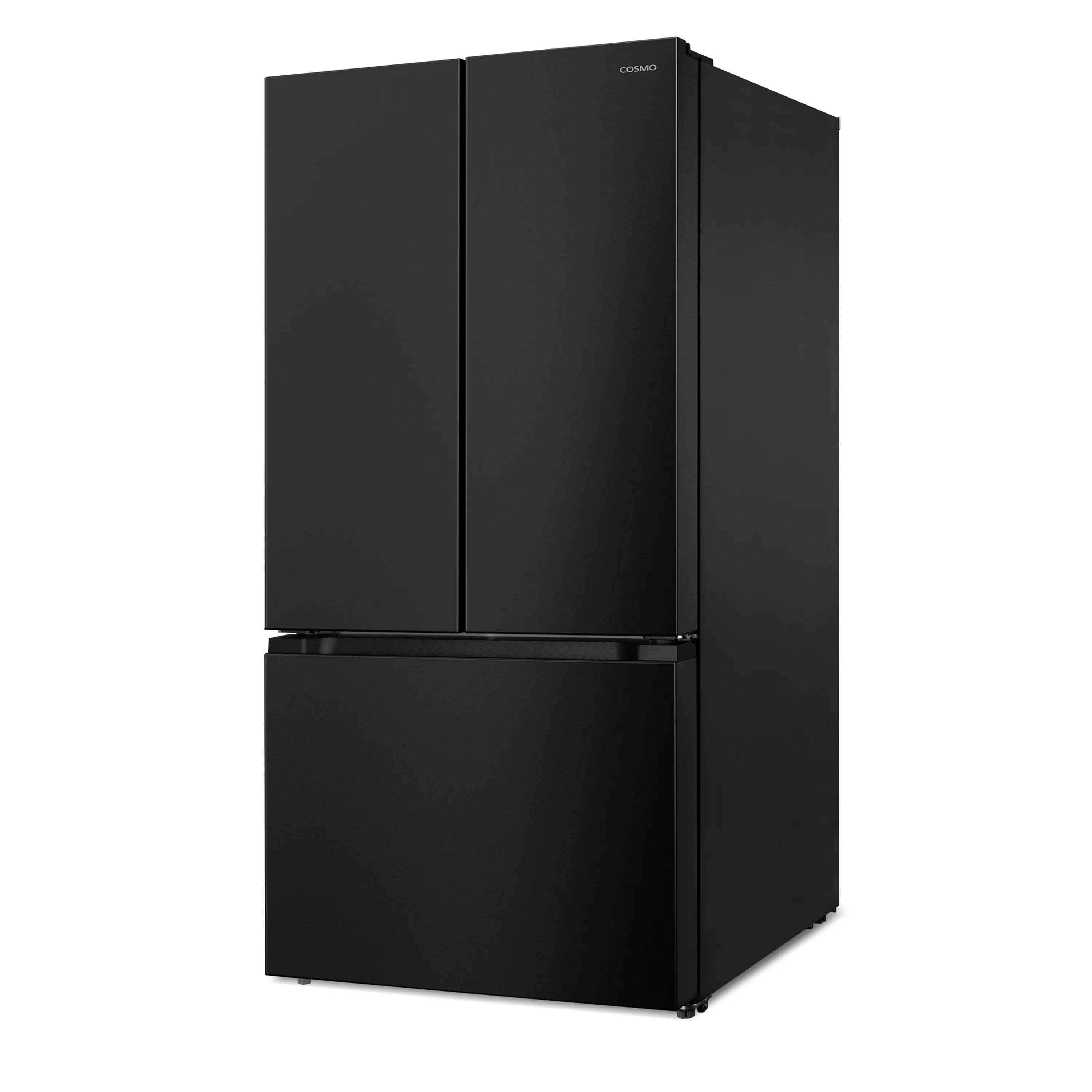 Matte black refrigerator with double doors open, showing top and bottom compartments.