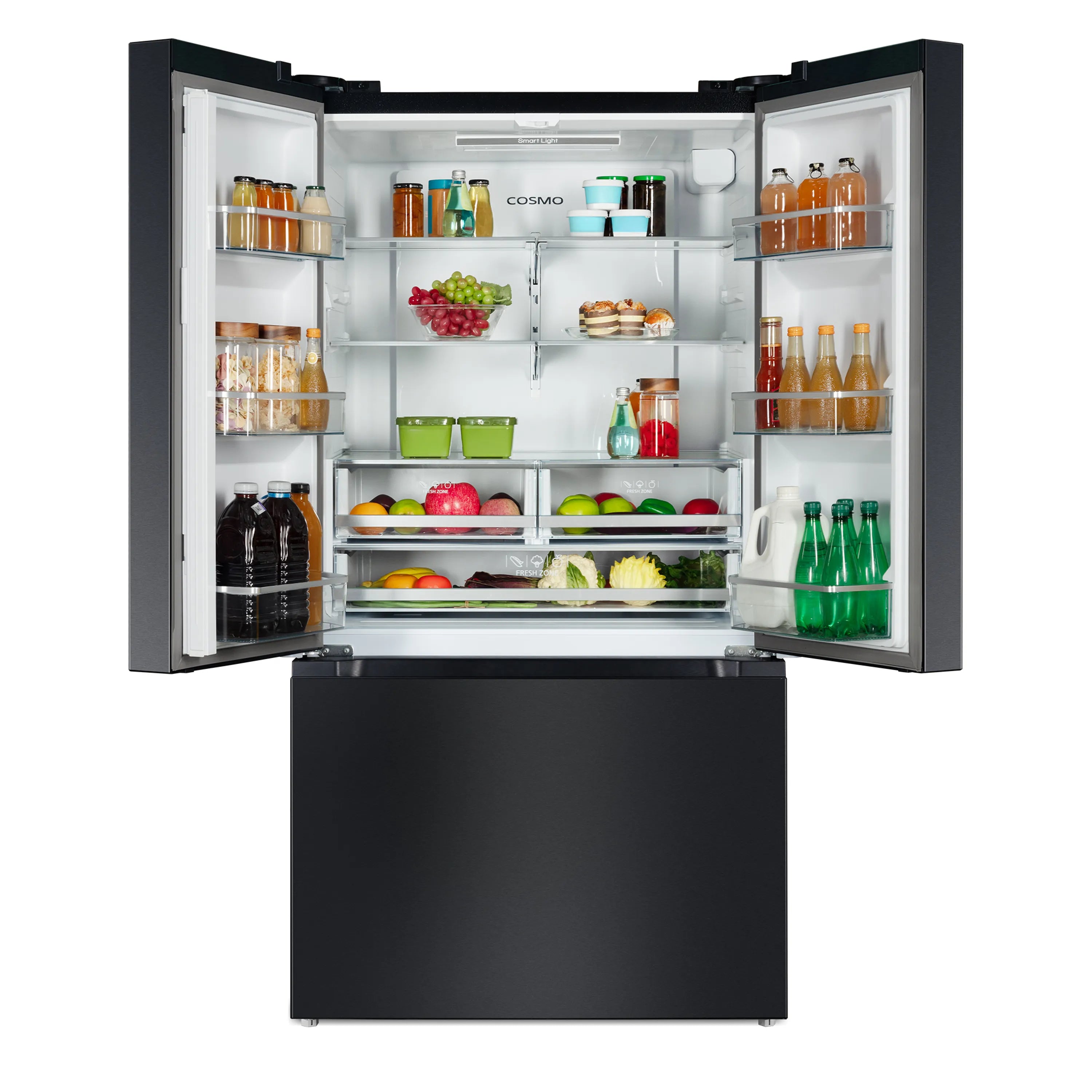 Open matte black refrigerator interior stocked with jars, containers, and produce bins.