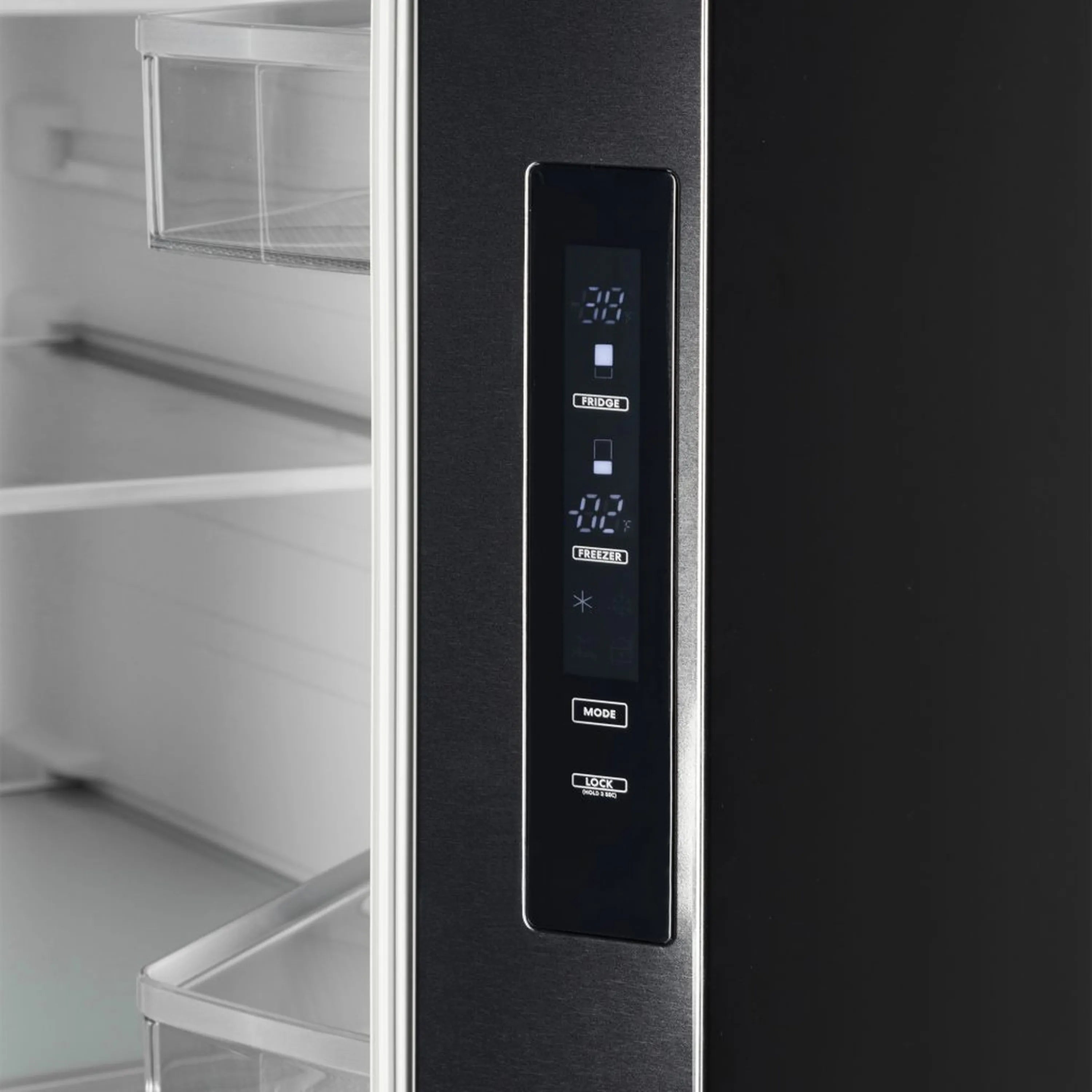 Matte black refrigerator exterior with touch control panel and digital temperature display.