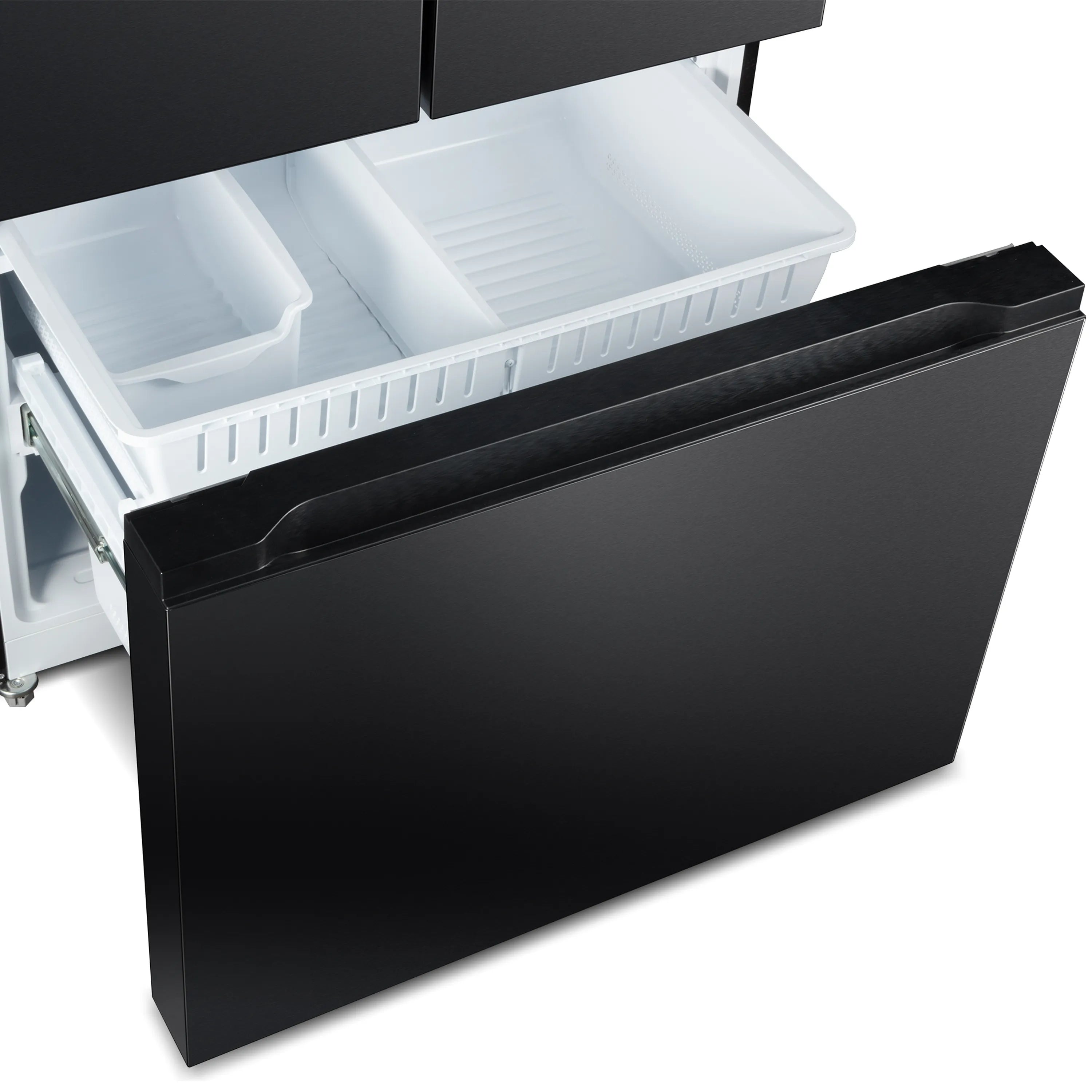 Open top freezer drawer with white interior bins; matte black refrigerator door.