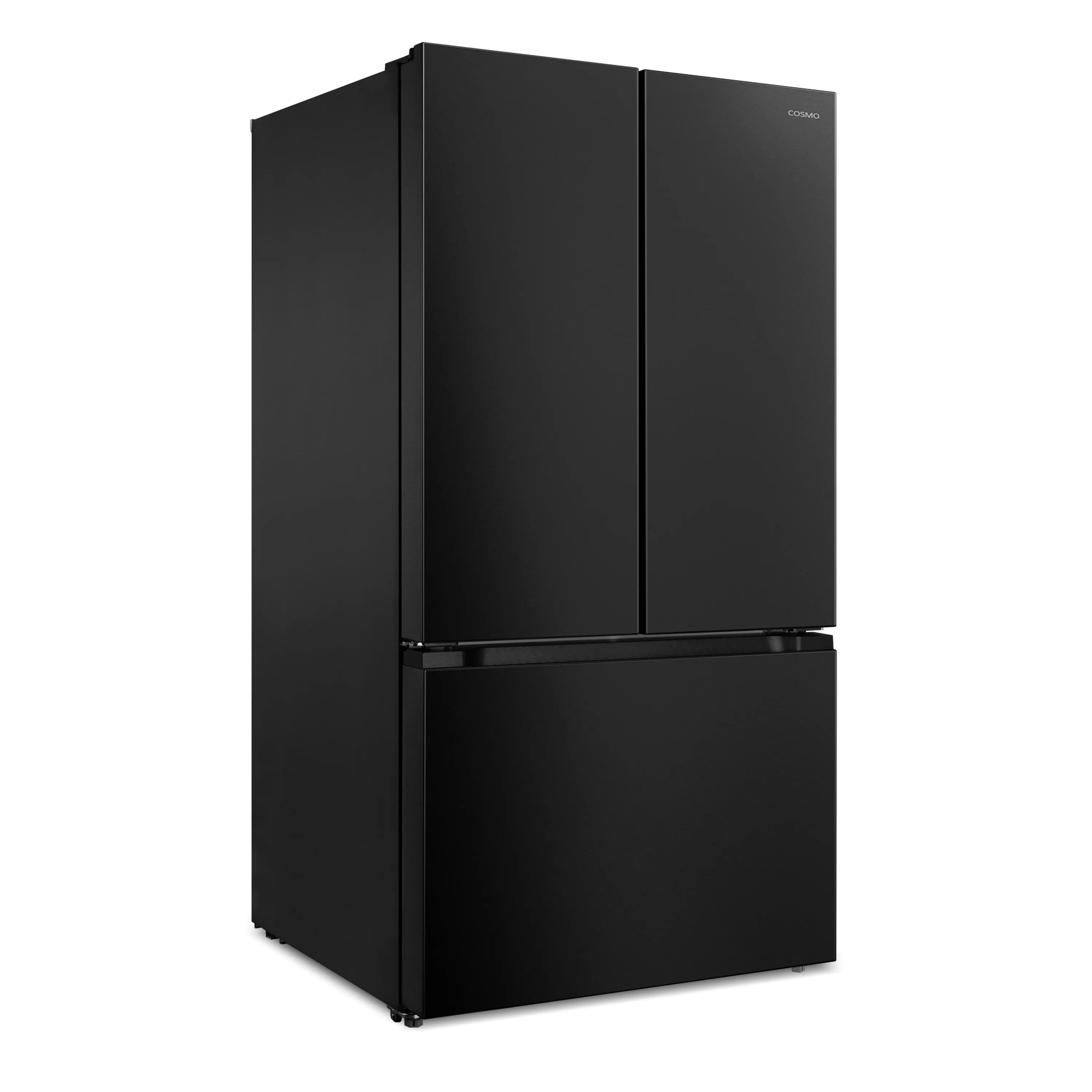 Matte black two-door refrigerator with vertical doors and bottom compartment.