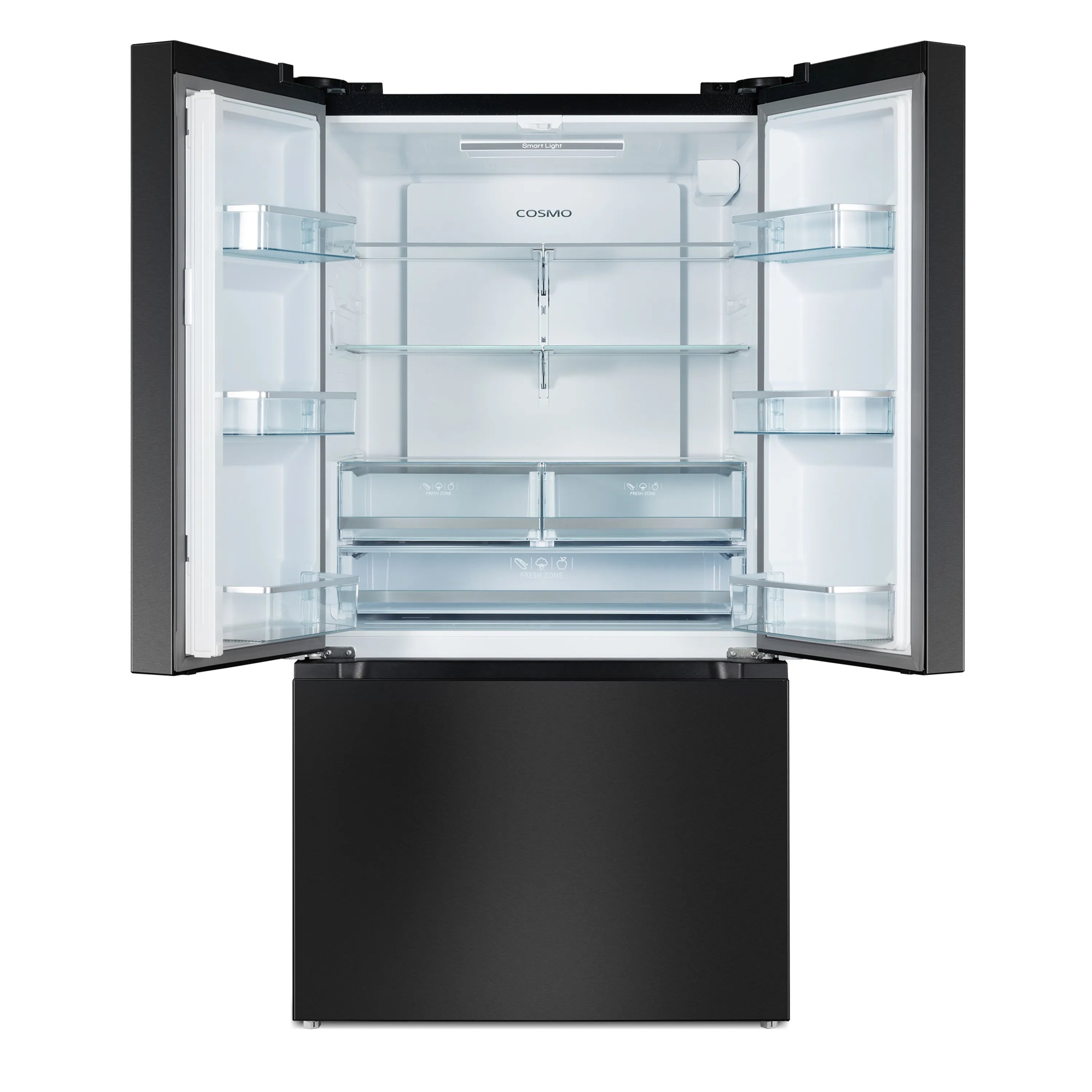 Open matte black refrigerator with clear shelves and interior storage bins.